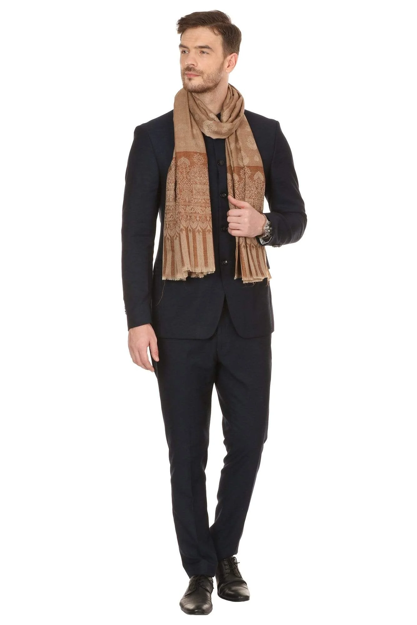 Pashtush Mens Stole Scarf, Extra Soft Wool - Taupe - Image 6