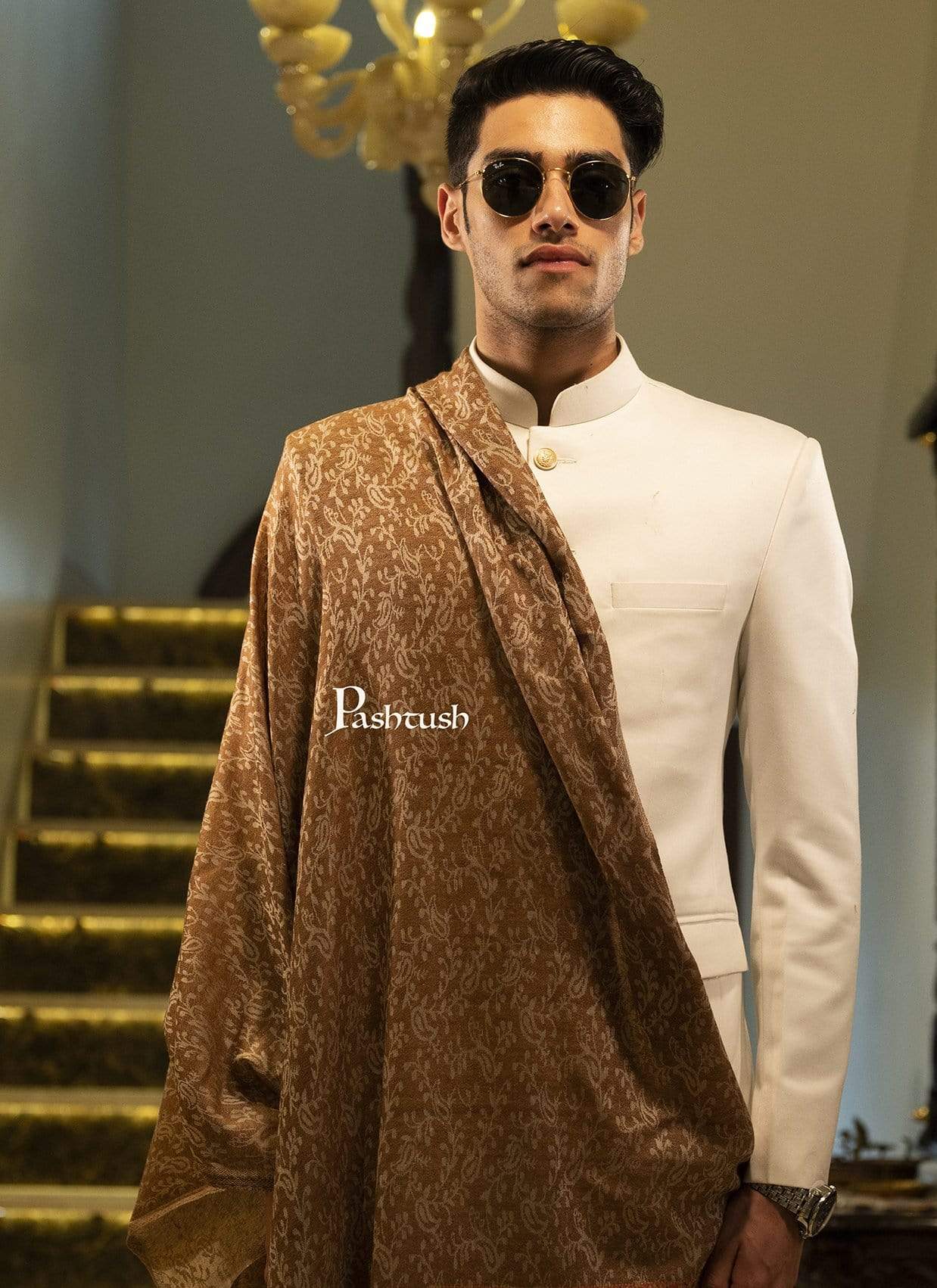 Pashtush Mens Stole, Soft Wool With Ambi Weave Palla, Espresso Brown - Image 2