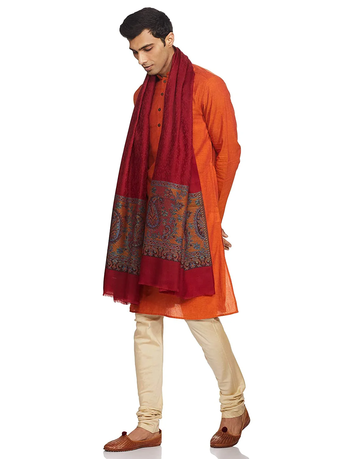 Pashtush Mens Stole, Soft Wool With Ambi Weave Palla, Maroon - Image 7