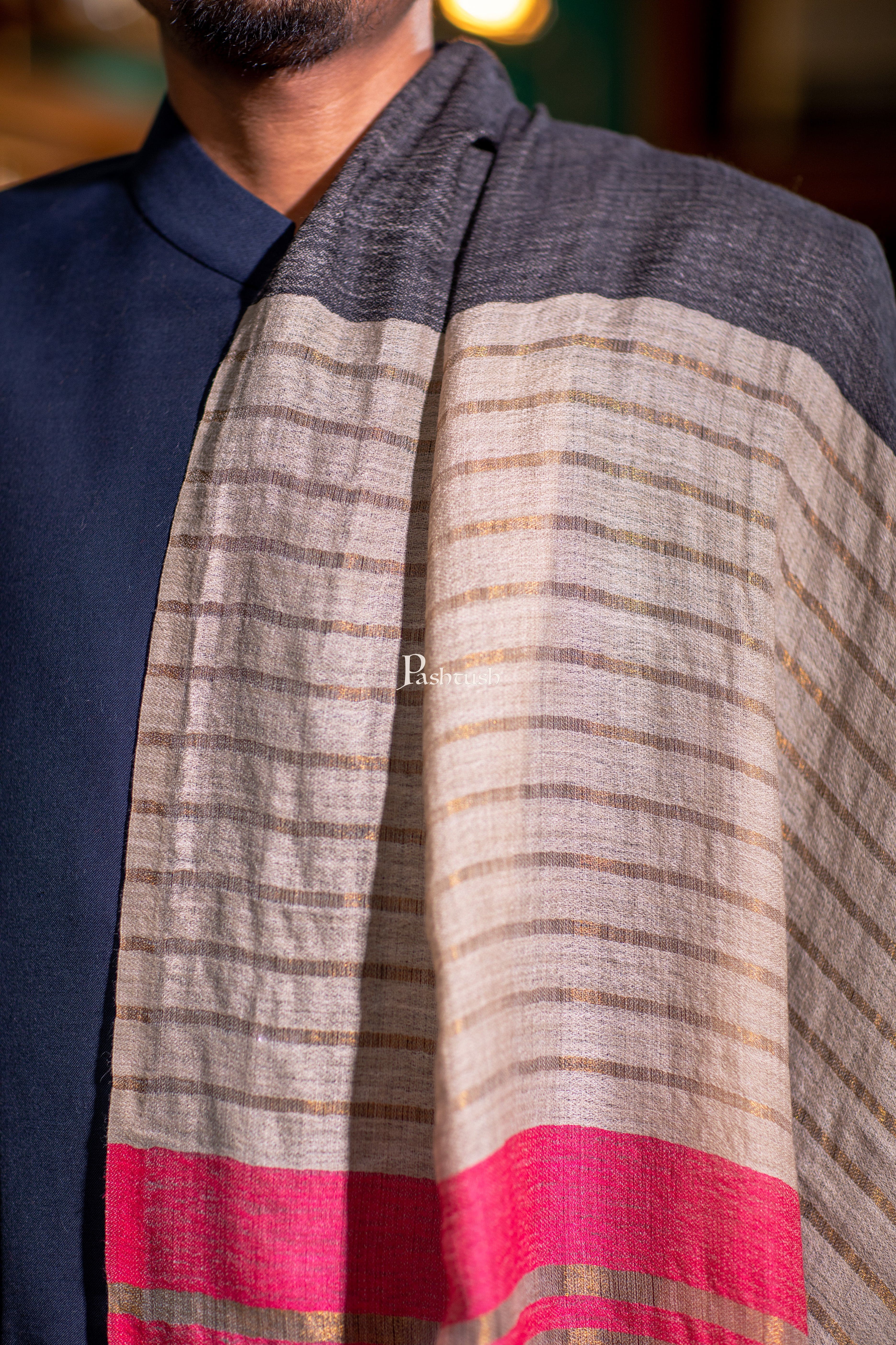 Pashtush Mens  Stole, Stripe With Zari  Design, Multicolour - Image 4