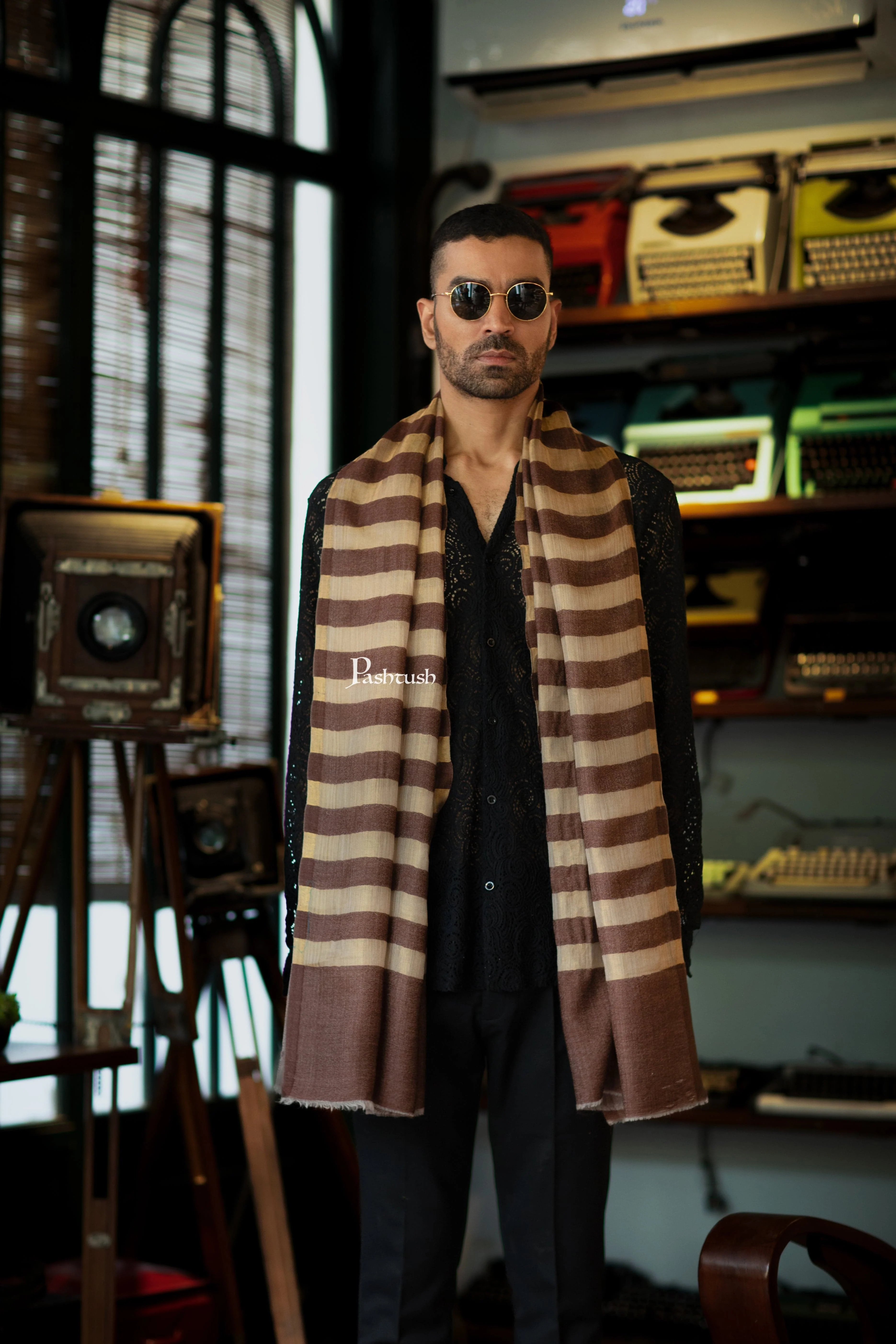Pashtush Mens Extra Fine Wool  Stole, Twilght Collection Stripe Design, Dark Brown - Image 3