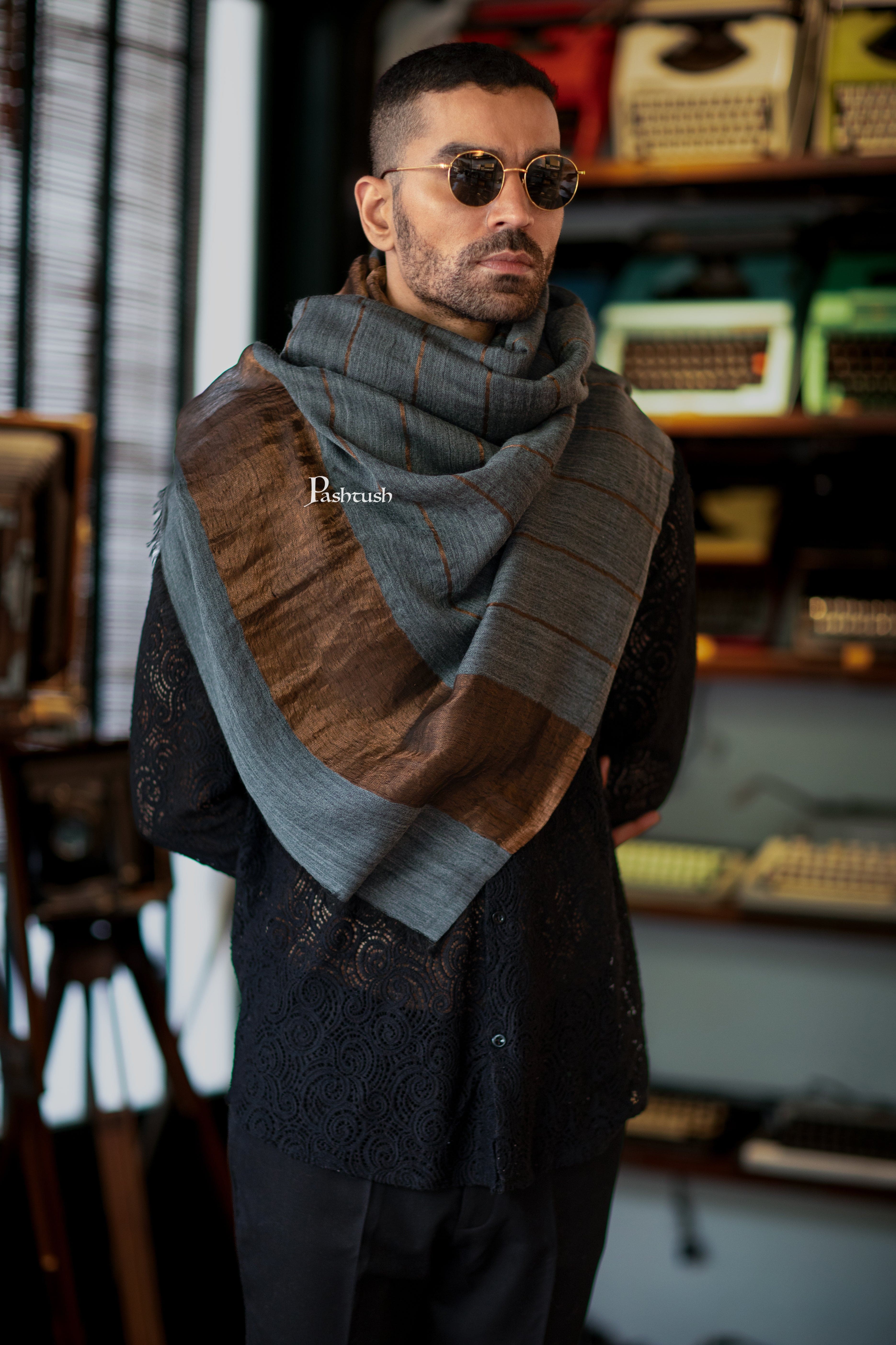 Pashtush Mens Extra Fine Wool Stole, Twilght Collection Stripe Design, Dark Grey - Image 4