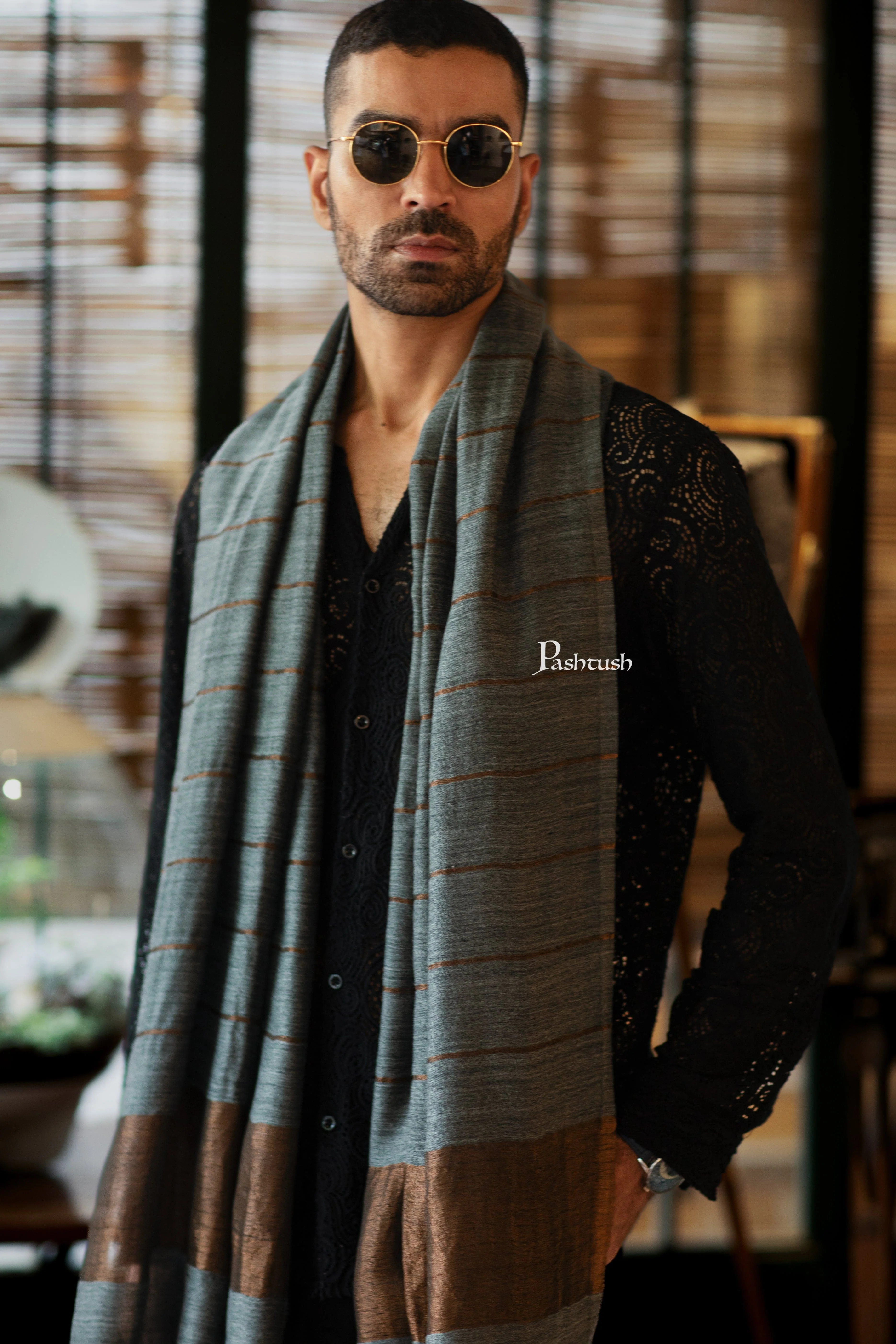 Pashtush Mens Extra Fine Wool Stole, Twilght Collection Stripe Design, Dark Grey - Image 6
