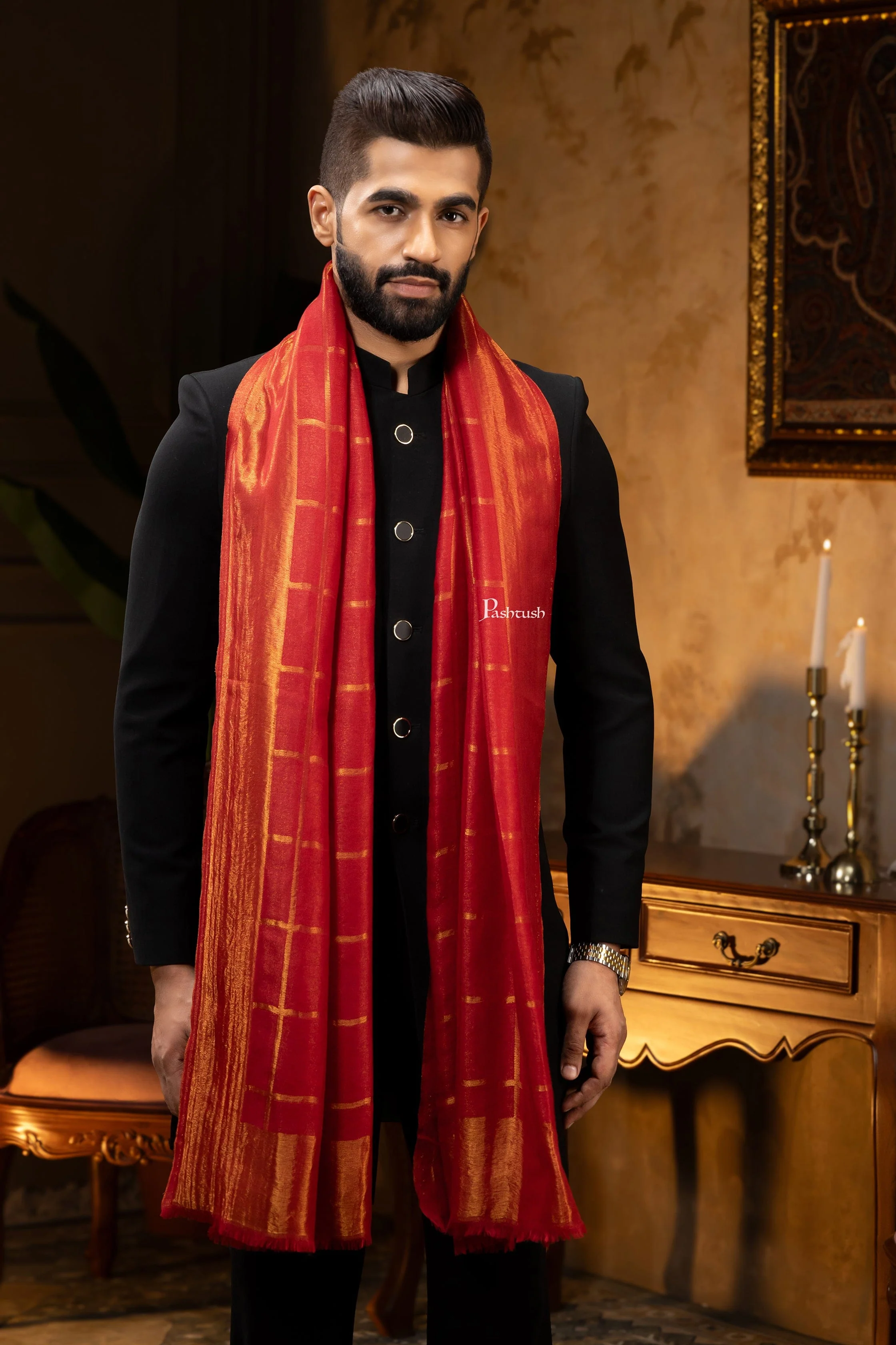 Pashtush Mens Stole, Twilight Collection, Silk Wool, Checkered Metallic Weave, Maroon - Image 6