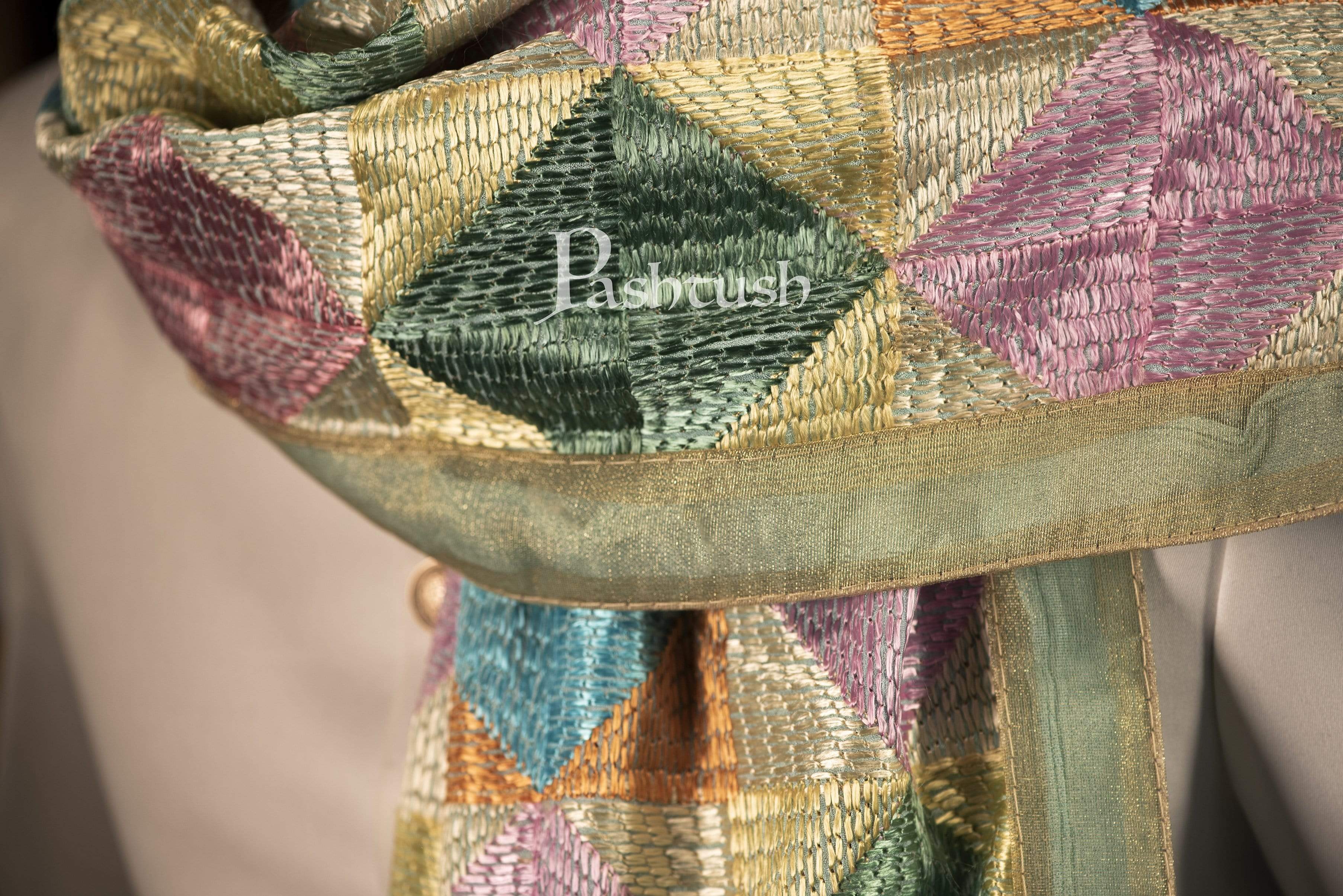 Pashtush Mens Stole With Multicoloured Embroidery, Phulkari - Image 2