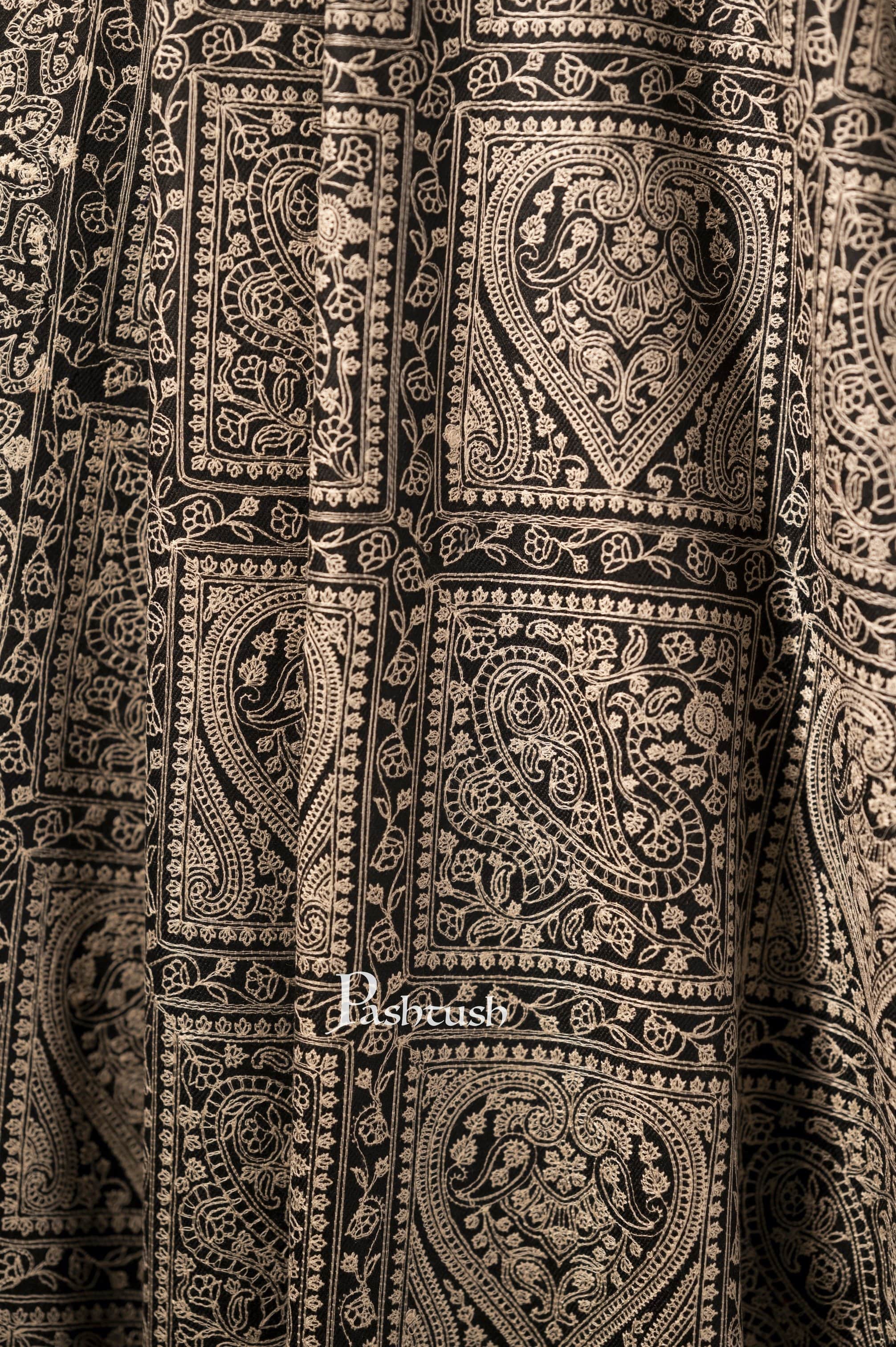 Pashtush Mens Stole With Tone On Tone Embroidery, Soft And Warm, Rich Black - Image 6