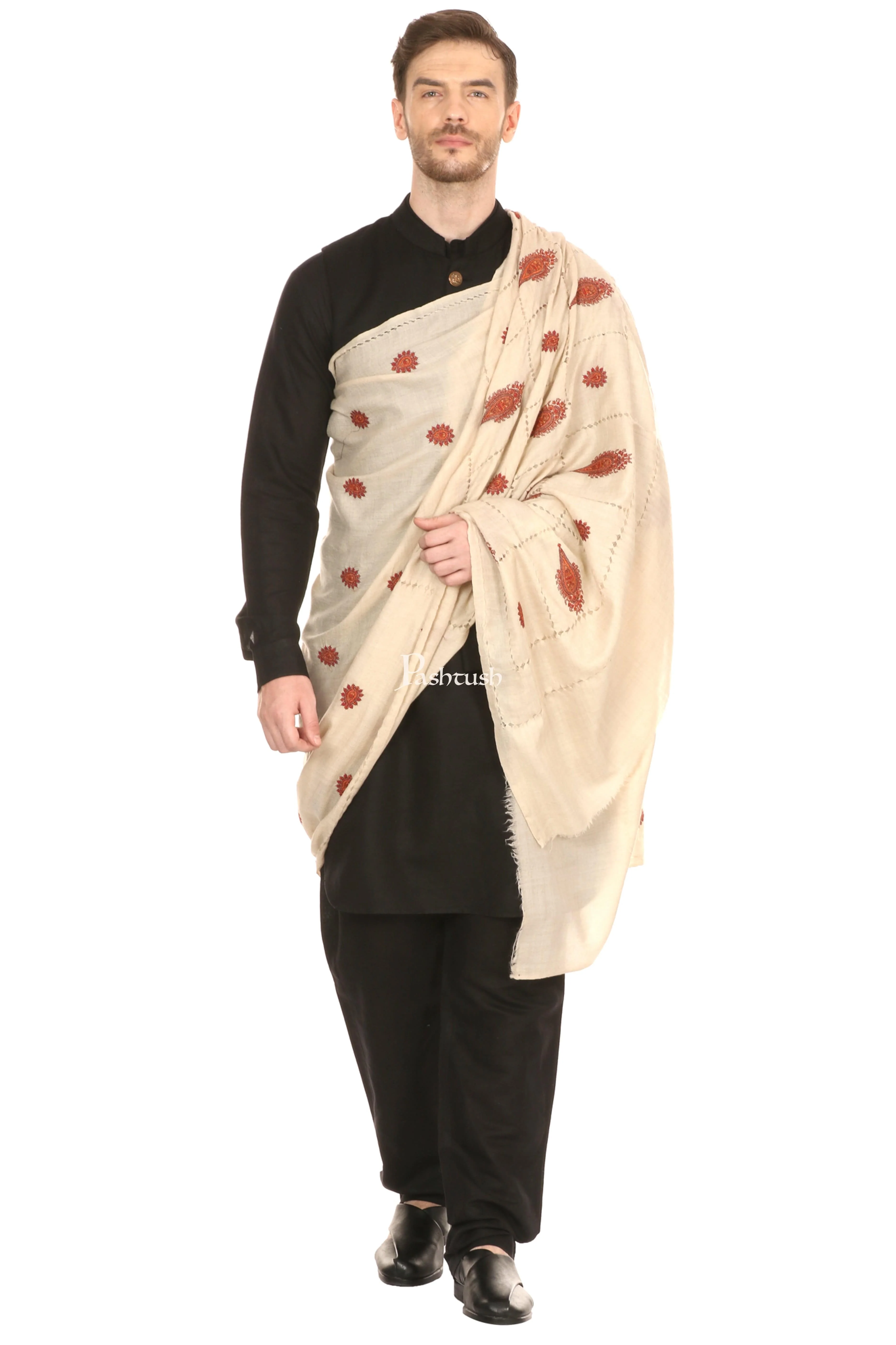 Pashtush Mens Tarkashi Embroidery Shawl - Soft Light Weight And Warm Wool - Image 5