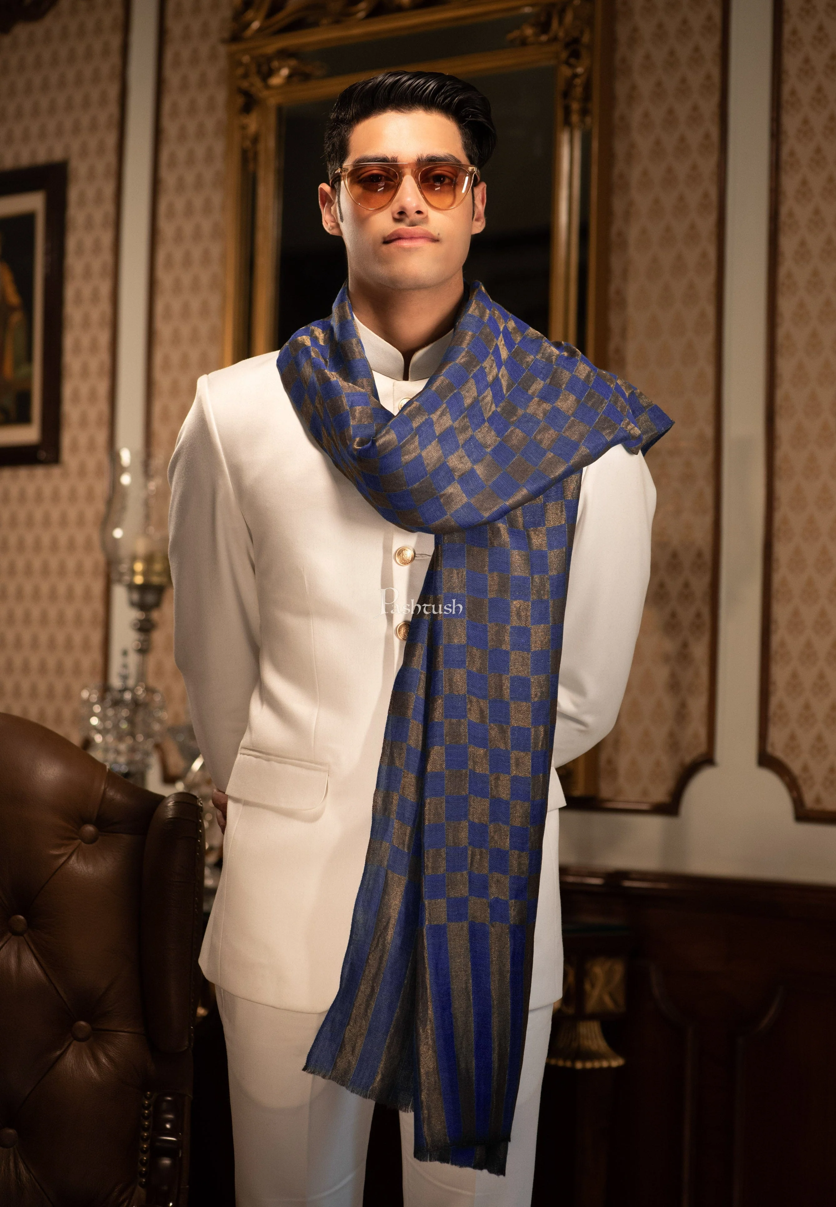 Pashtush Mens Twilight Collection, Checkered Metallic Thread Weave, Fine Wool, Blue and golden - Image 2