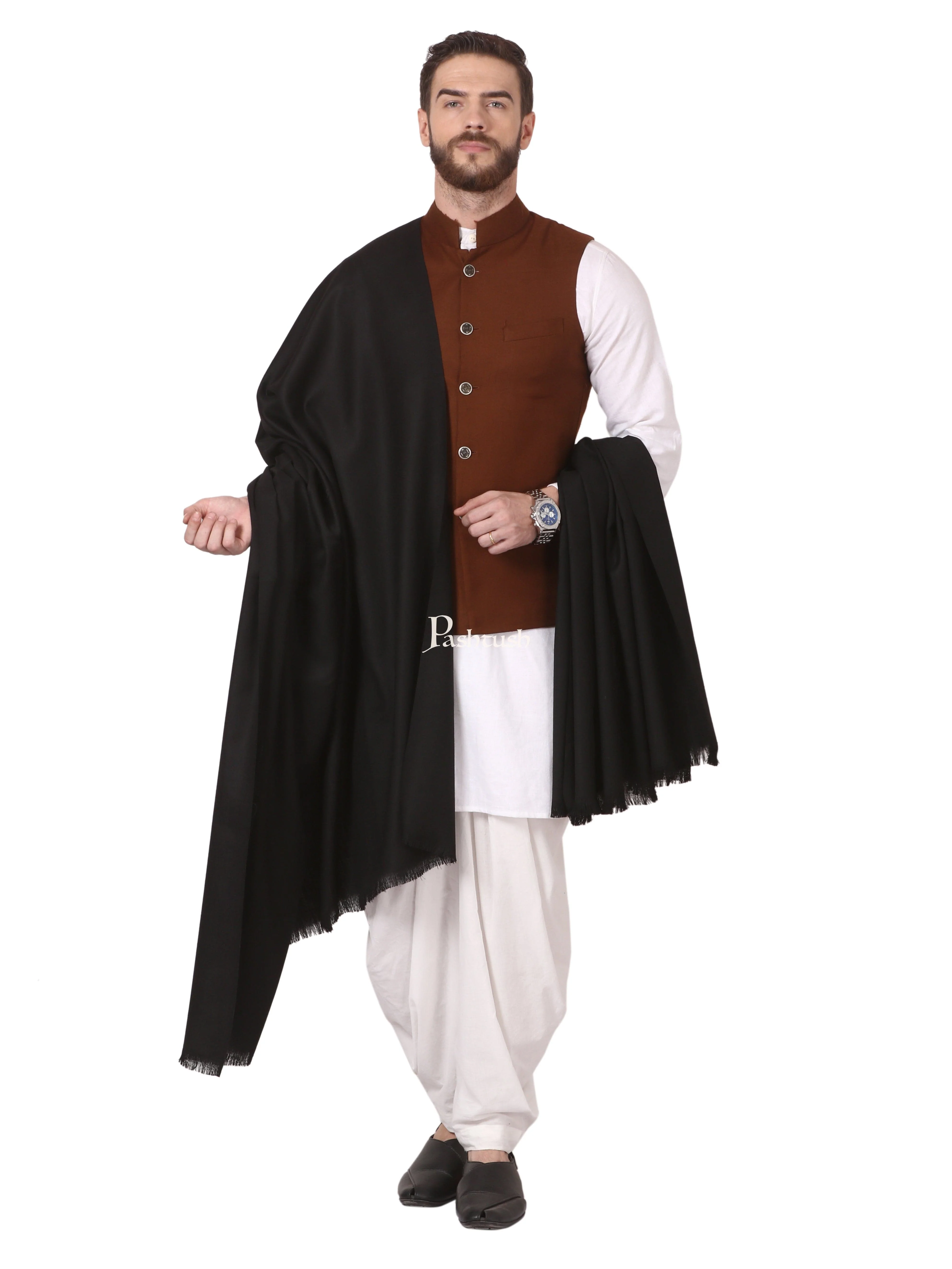 Pashtush Mens Shawl, Thick Lohi, 50% Australian Merino Wool, Black - Image 4