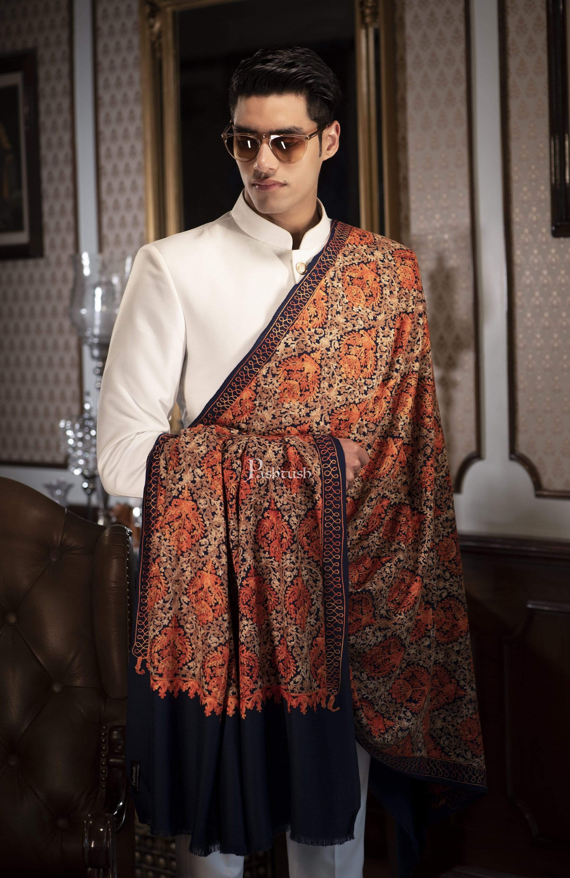 Pashtush Mens Woollen, Aari Embroidery Stole, Navy Blue - Image 8