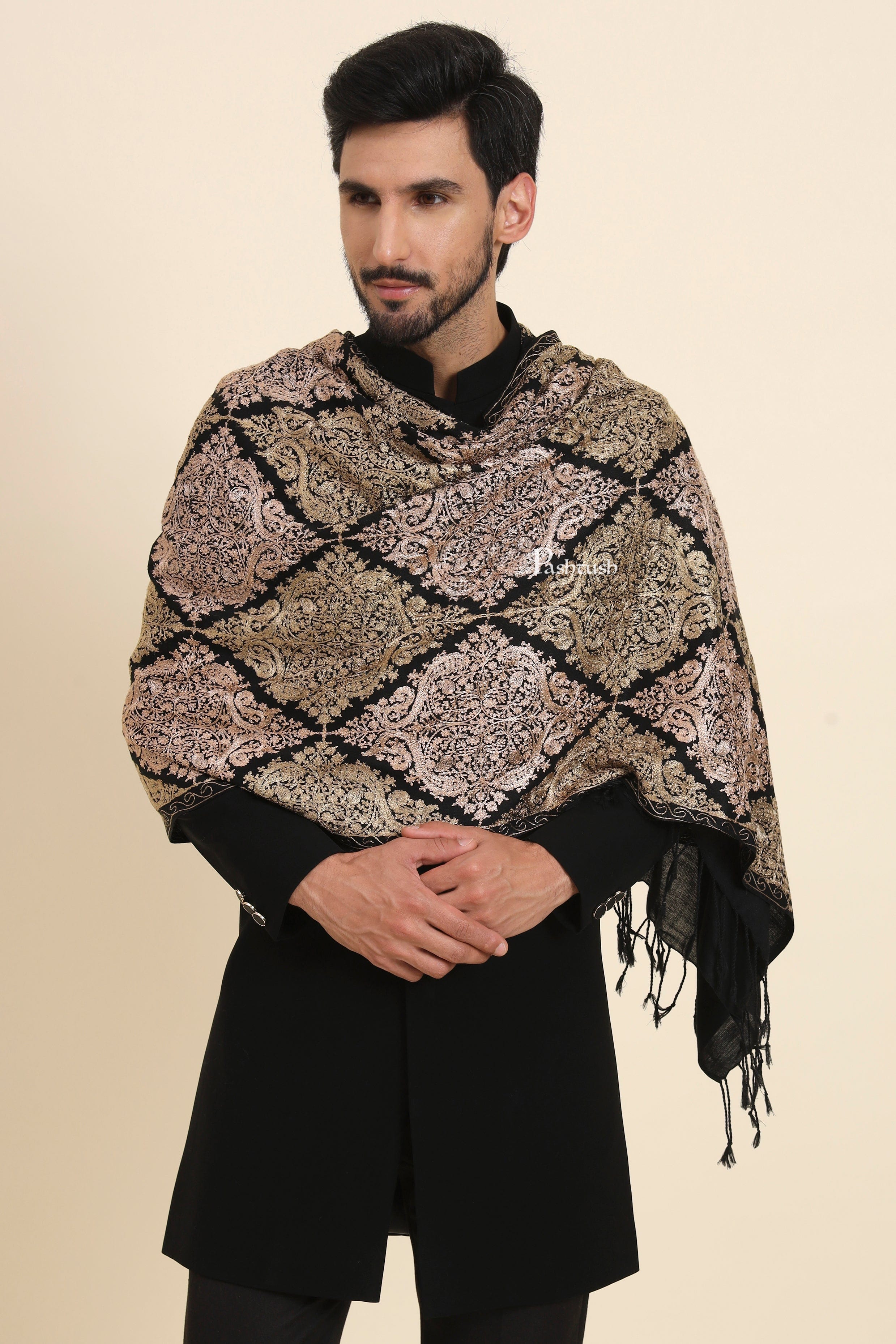 Pashtush Mens Woollen Stole, Nalki Embroidery Design, Black - Image 3