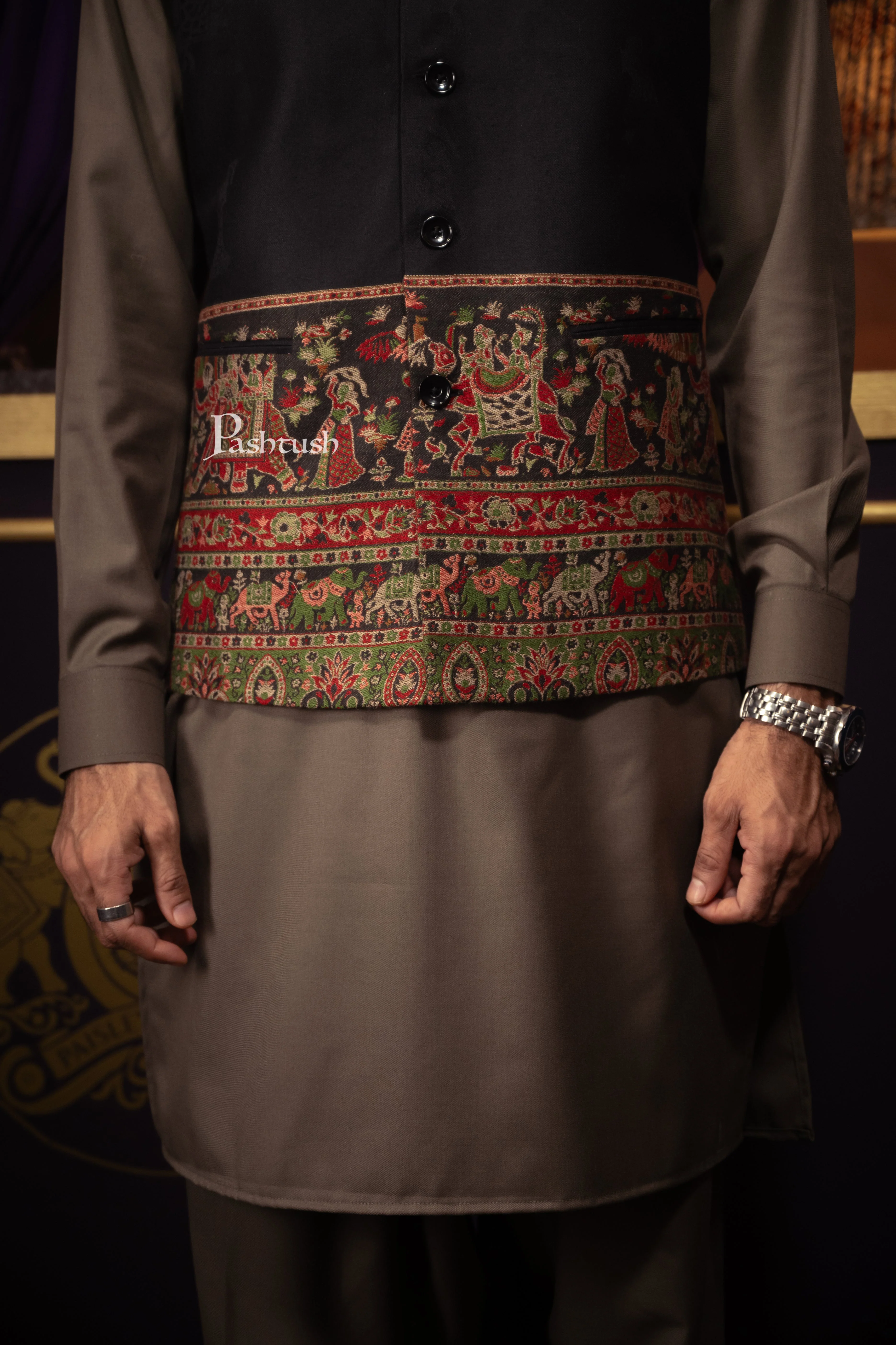Pashtush Mens Woven Jacquard Structured Waistcoat, Slim Fit, Arabic Sea Blue - Image 2