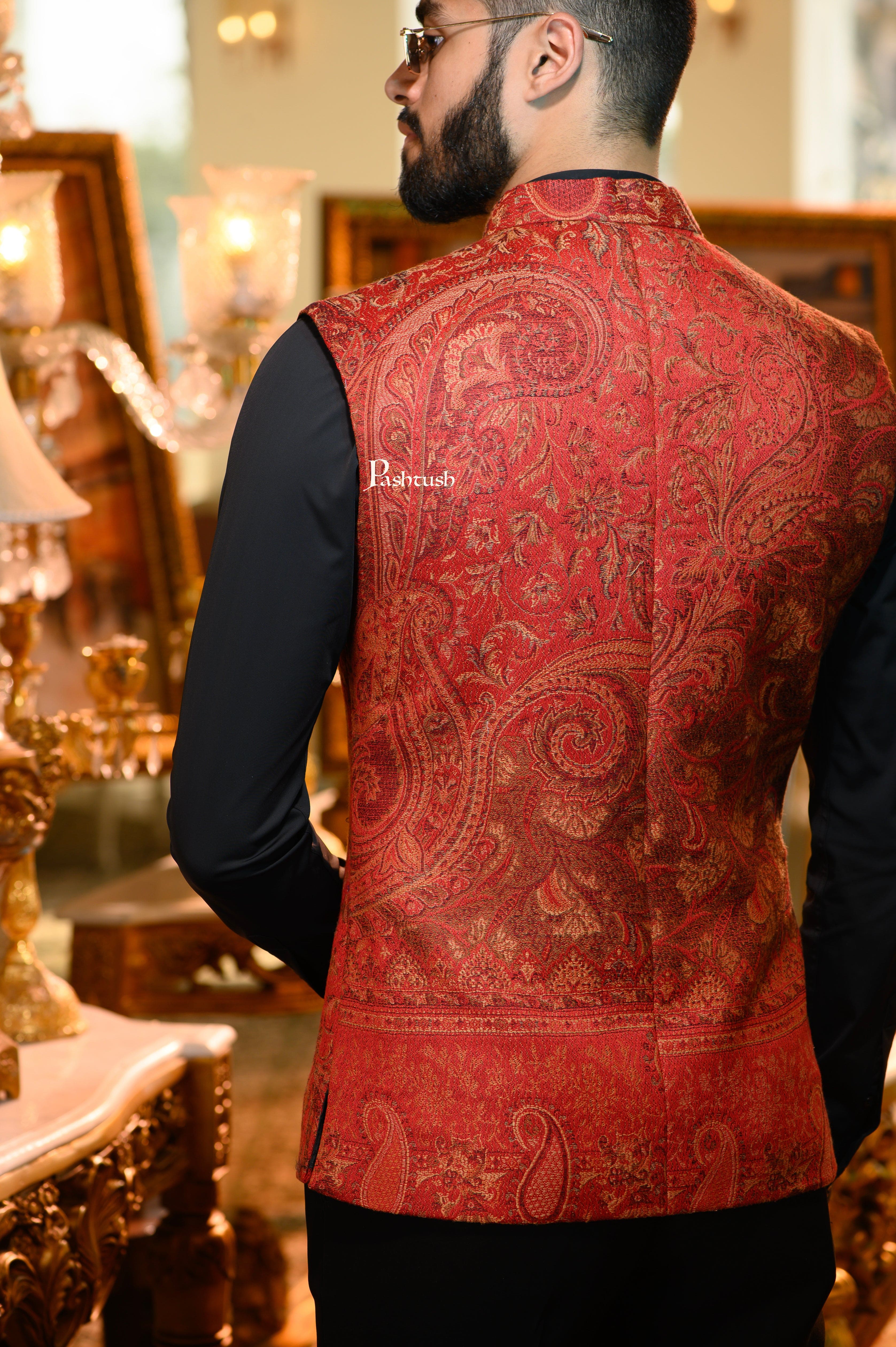 Pashtush Mens Woven Jacquard Structured Waistcoat, Slim Fit, Maroon - Image 4