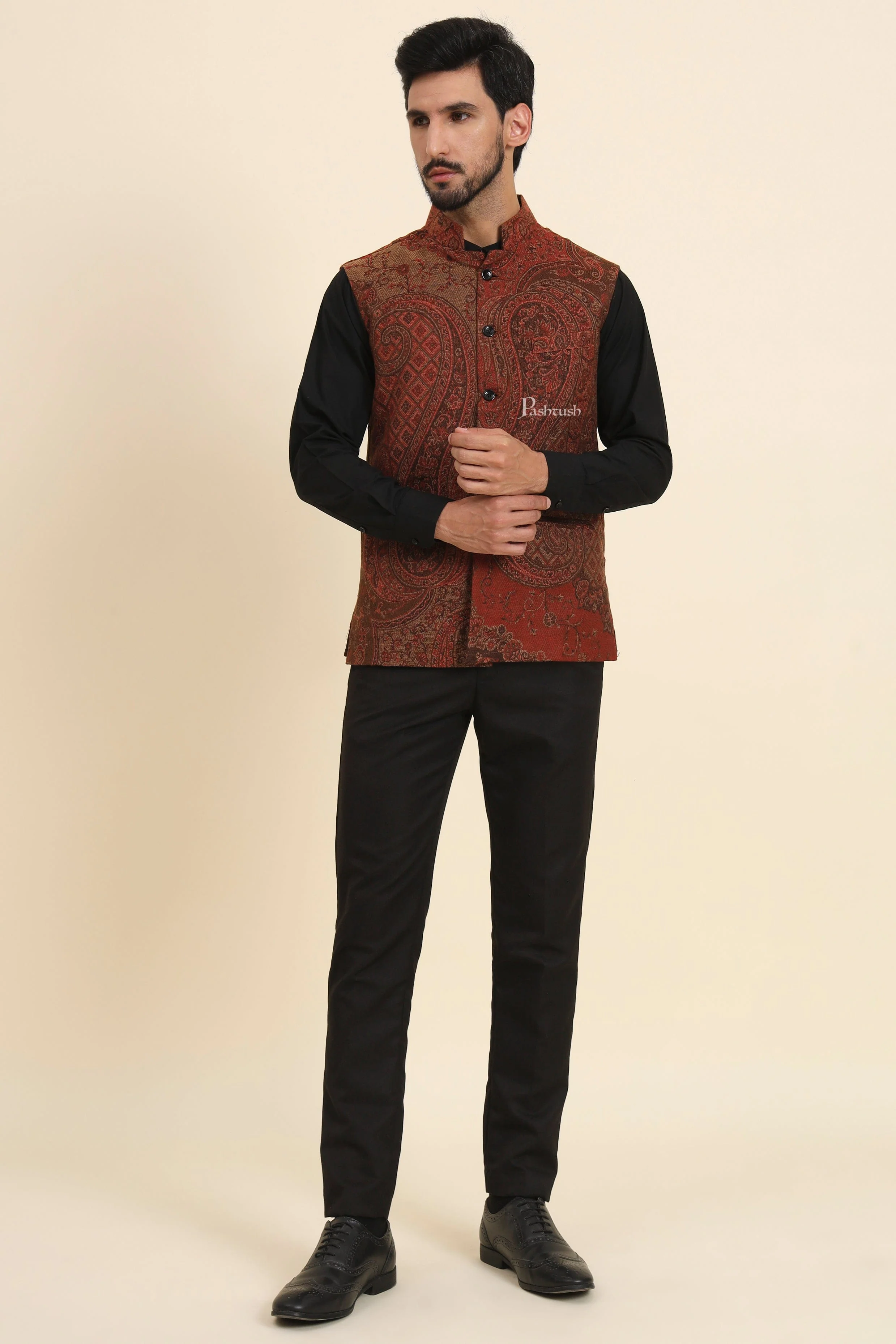 Pashtush Mens Woven Jacquard Waistcoat, Structured Slim Fit, Brown - Image 6
