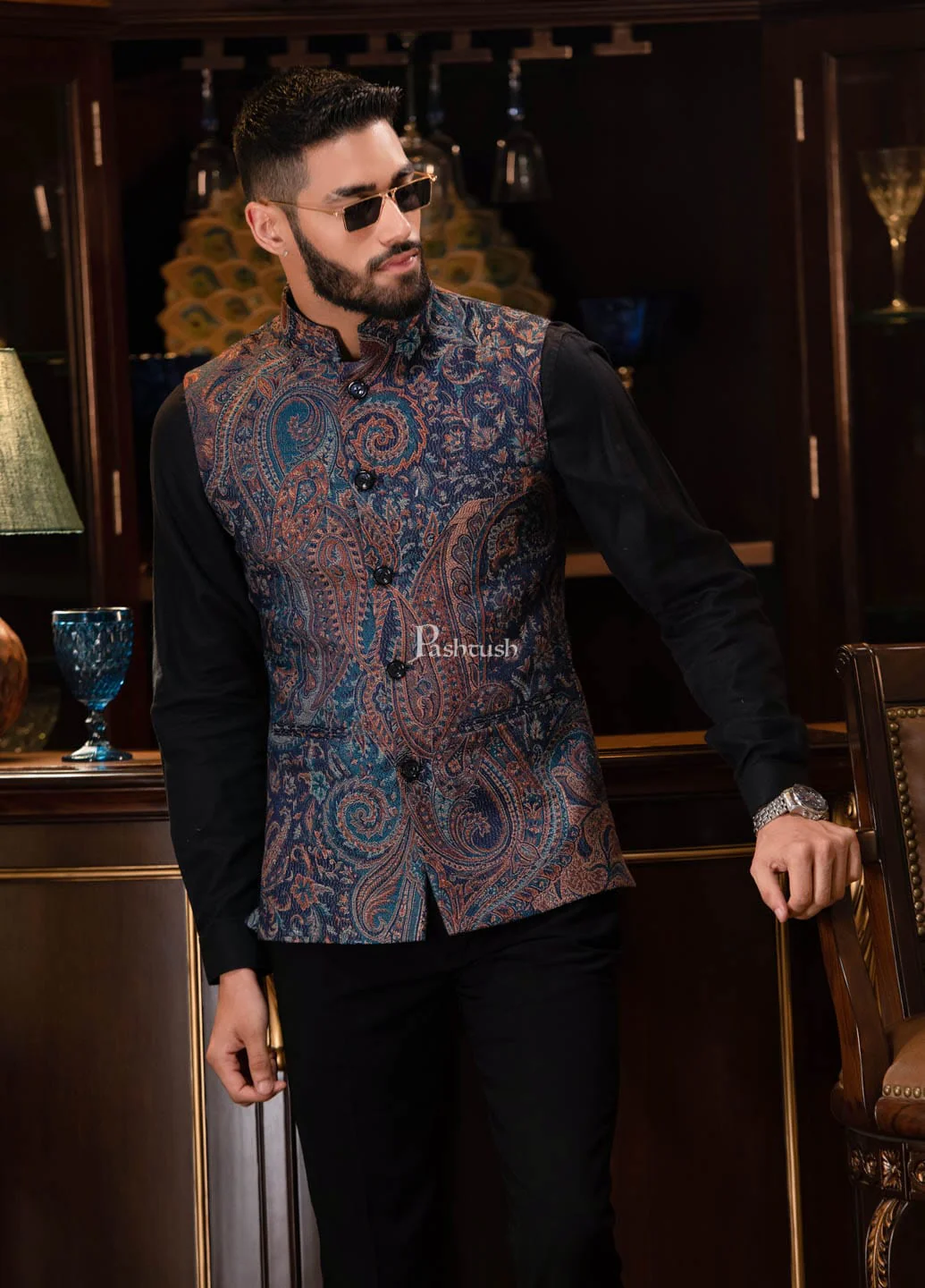 PASHTUSH MENS WOVEN JACQUARD WAISTCOAT, Structured SLIM FIT, Navy Blue - Image 3