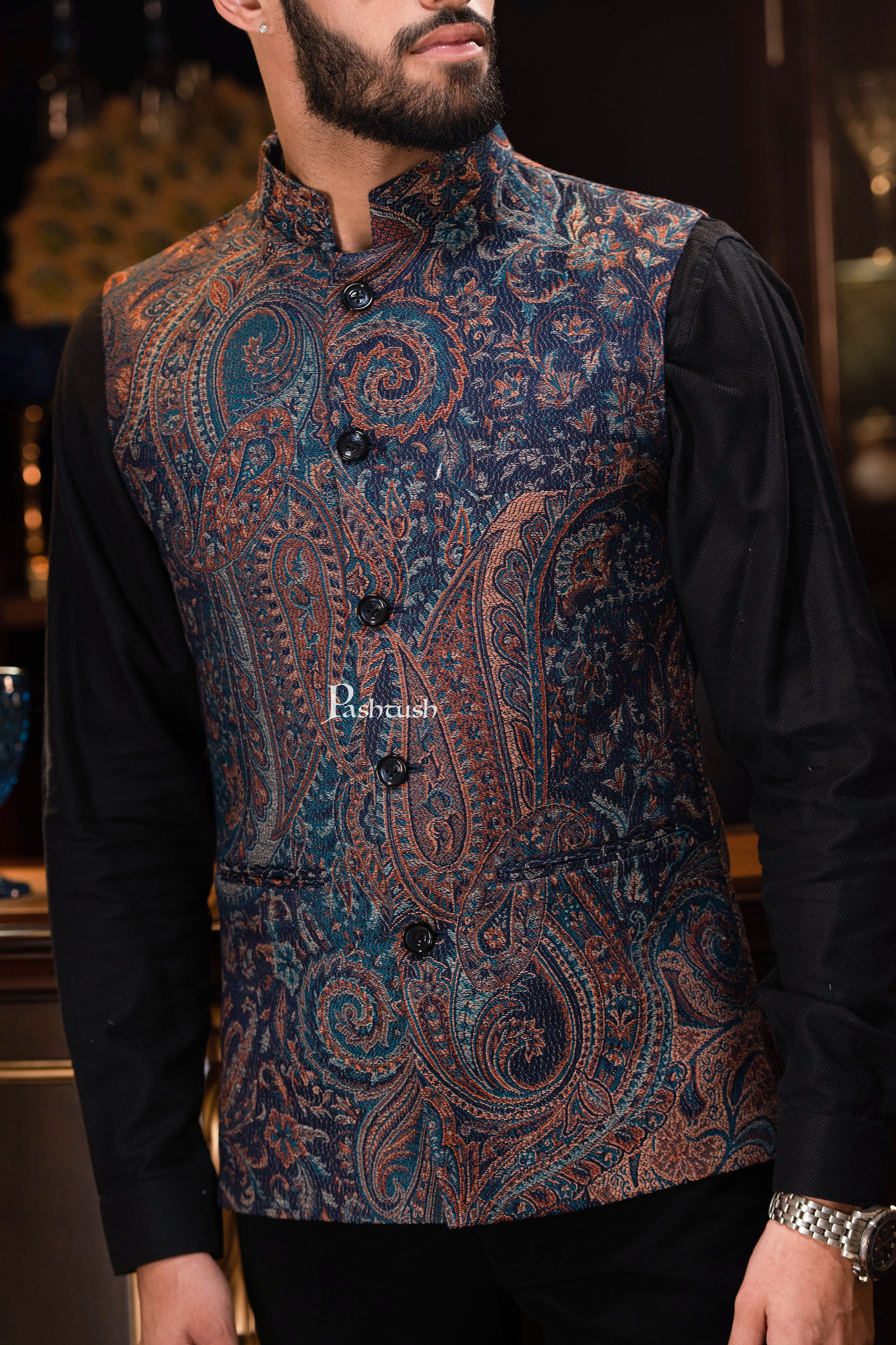 PASHTUSH MENS WOVEN JACQUARD WAISTCOAT, Structured SLIM FIT, Navy Blue - Image 4
