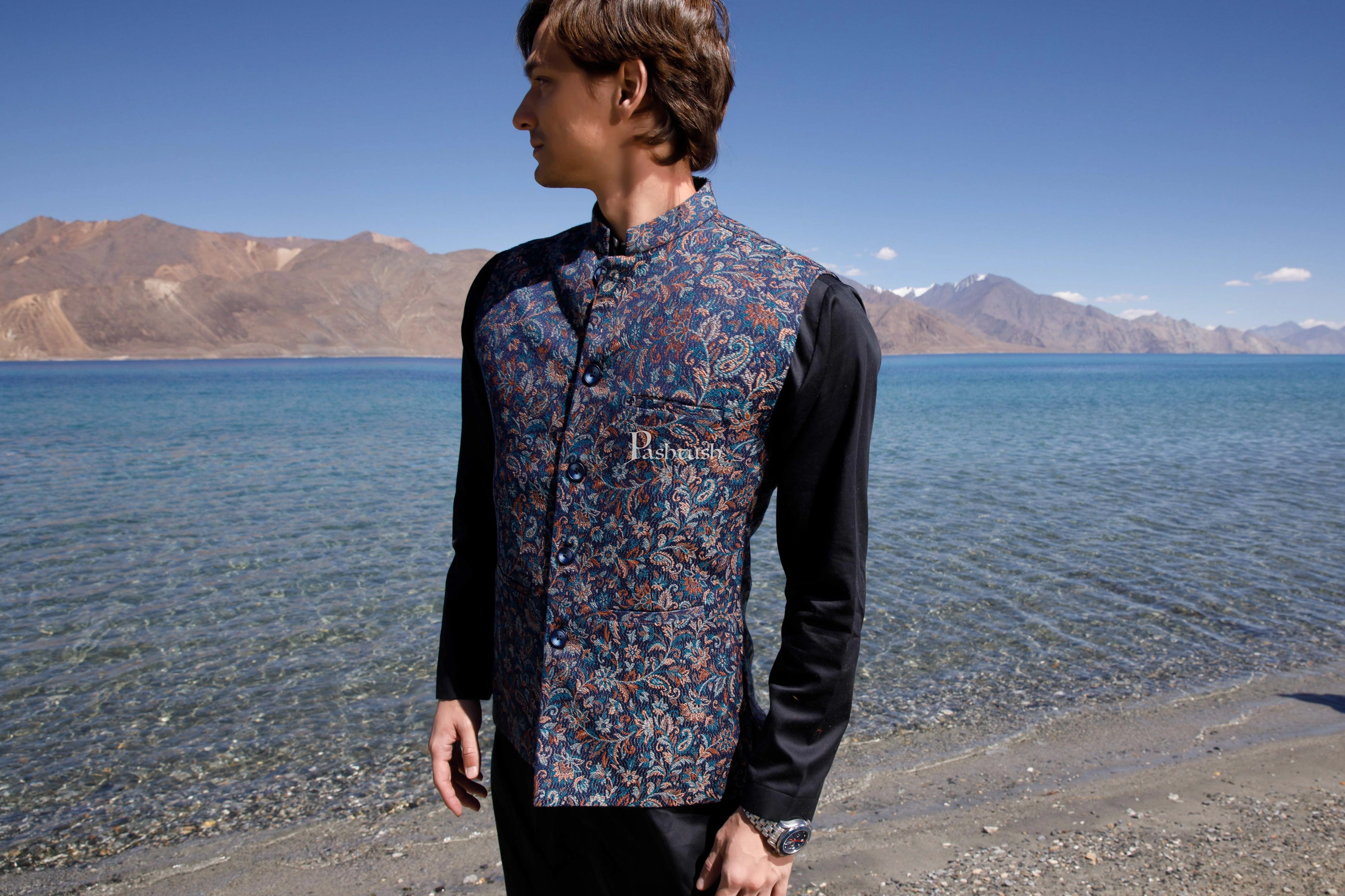 Pashtush Mens Woven Jacquard Waistcoat, Structured Slim Fit, Navy Blue - Image 4