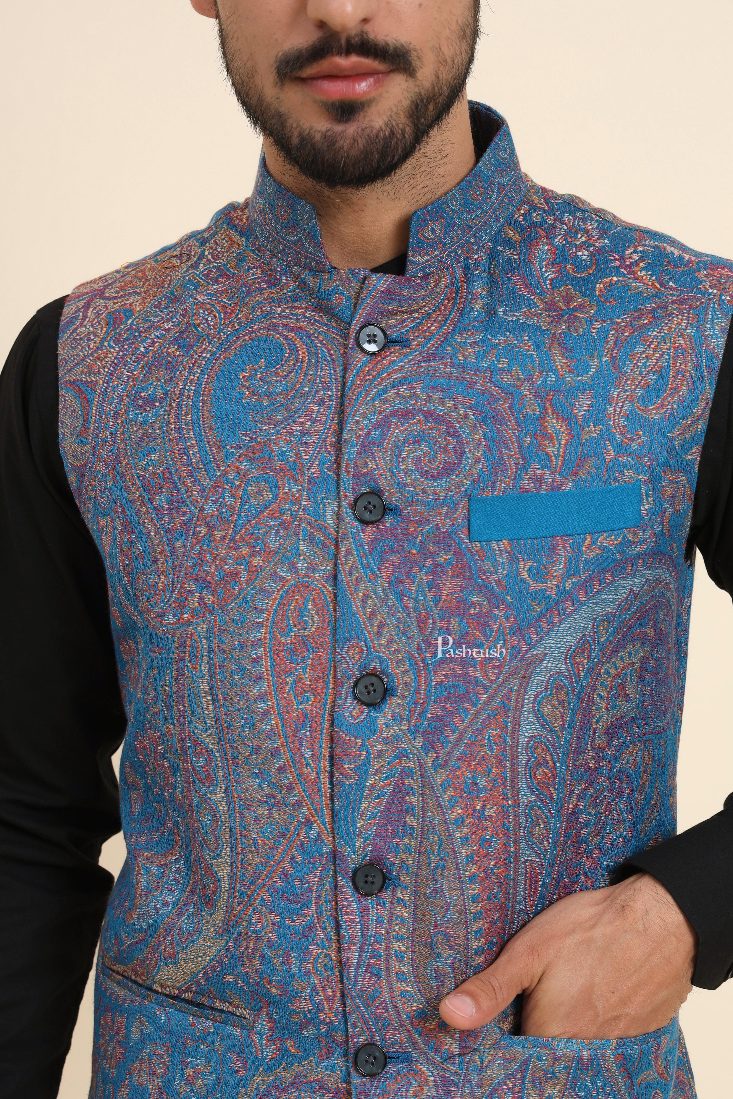 Pashtush Mens Woven Jacquard Waistcoat, Structured Slim Fit, Sapphire Blue - Image 5