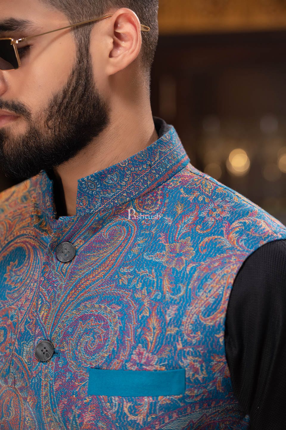 PASHTUSH MENS WOVEN JACQUARD WAISTCOAT, Structured SLIM FIT, Saphire blue - Image 4