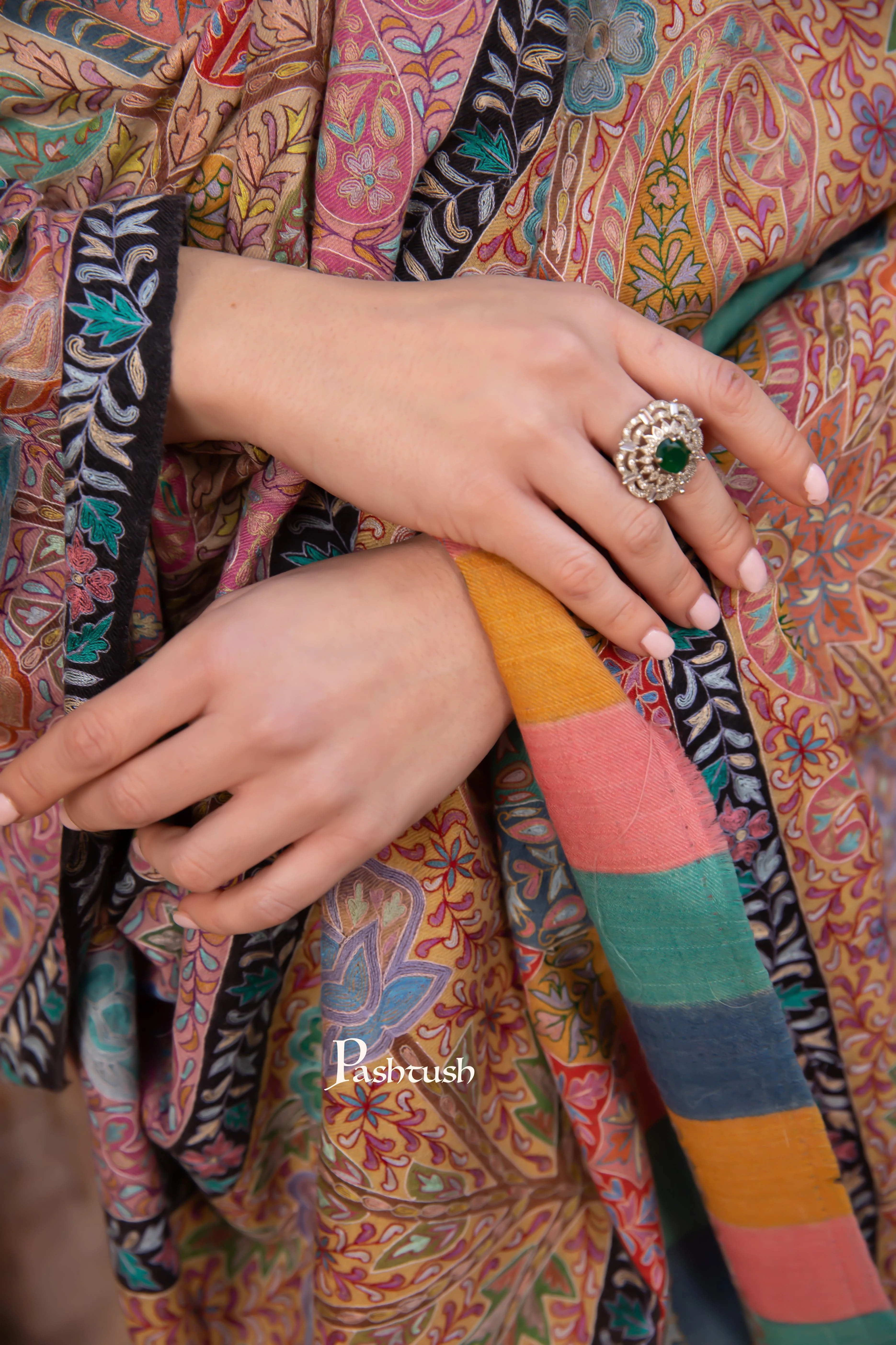 Pashtush Pashmina Kalamkari Shawl, Pastel Hues, With Hand Painting and Outline Hand Embroidery, Soft Pastels - Image 4