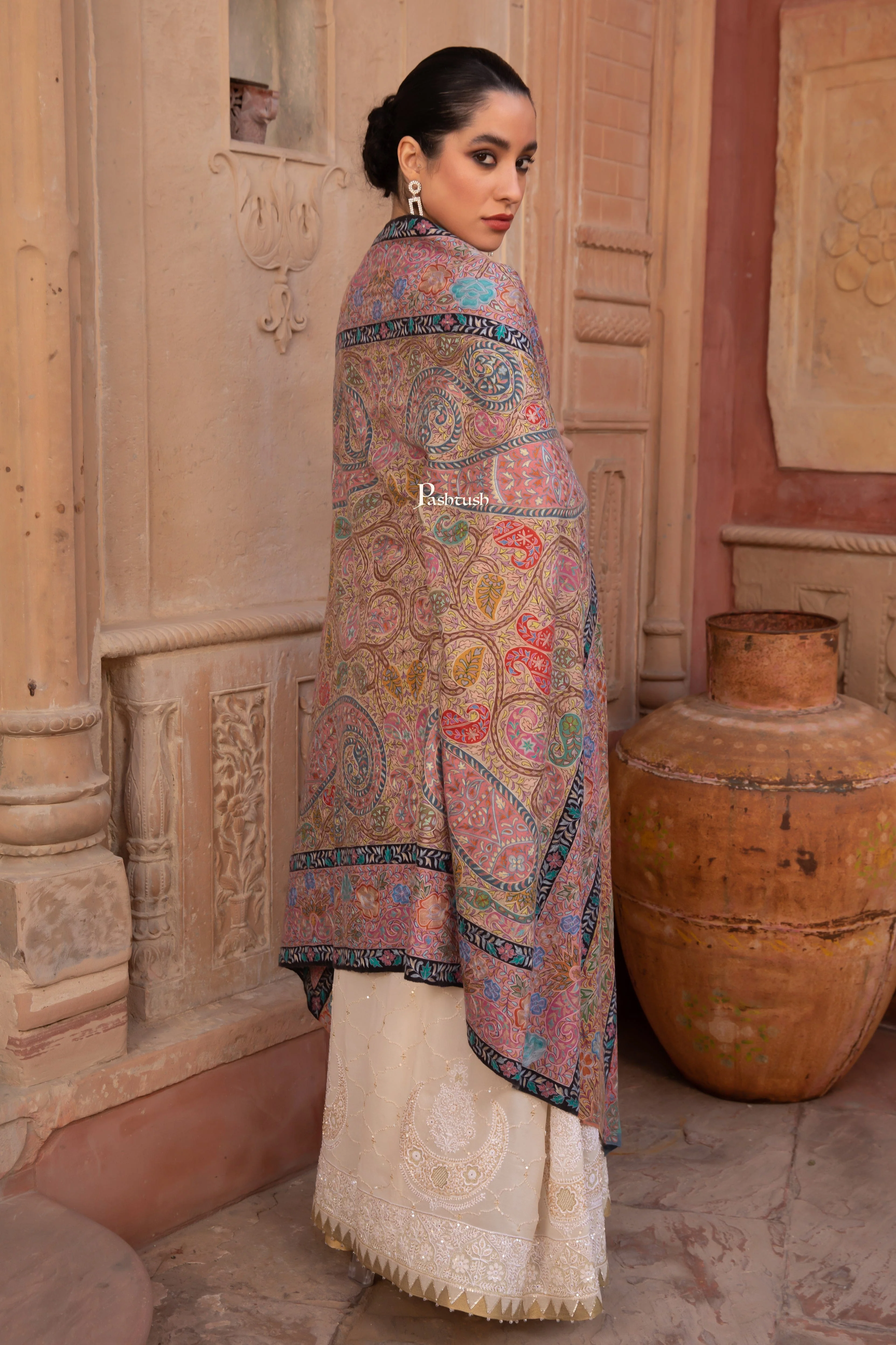 Pashtush Pashmina Kalamkari Shawl, Pastel Hues, With Hand Painting and Outline Hand Embroidery, Soft Pastels - Image 5