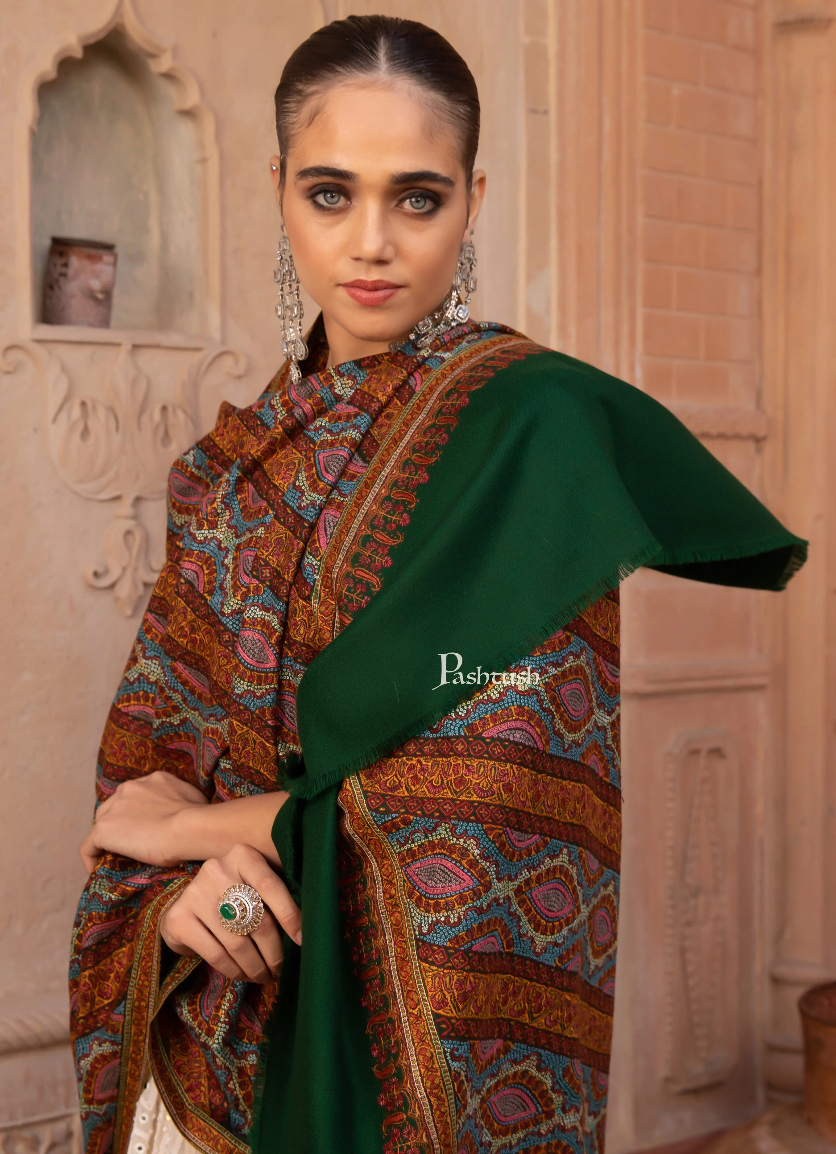 Pashtush Pashmina Shawl for Women, Handwoven Hand Embroidered, Kashmiri Paani Tanka Hand Embroidery, Royal Green - Image 3