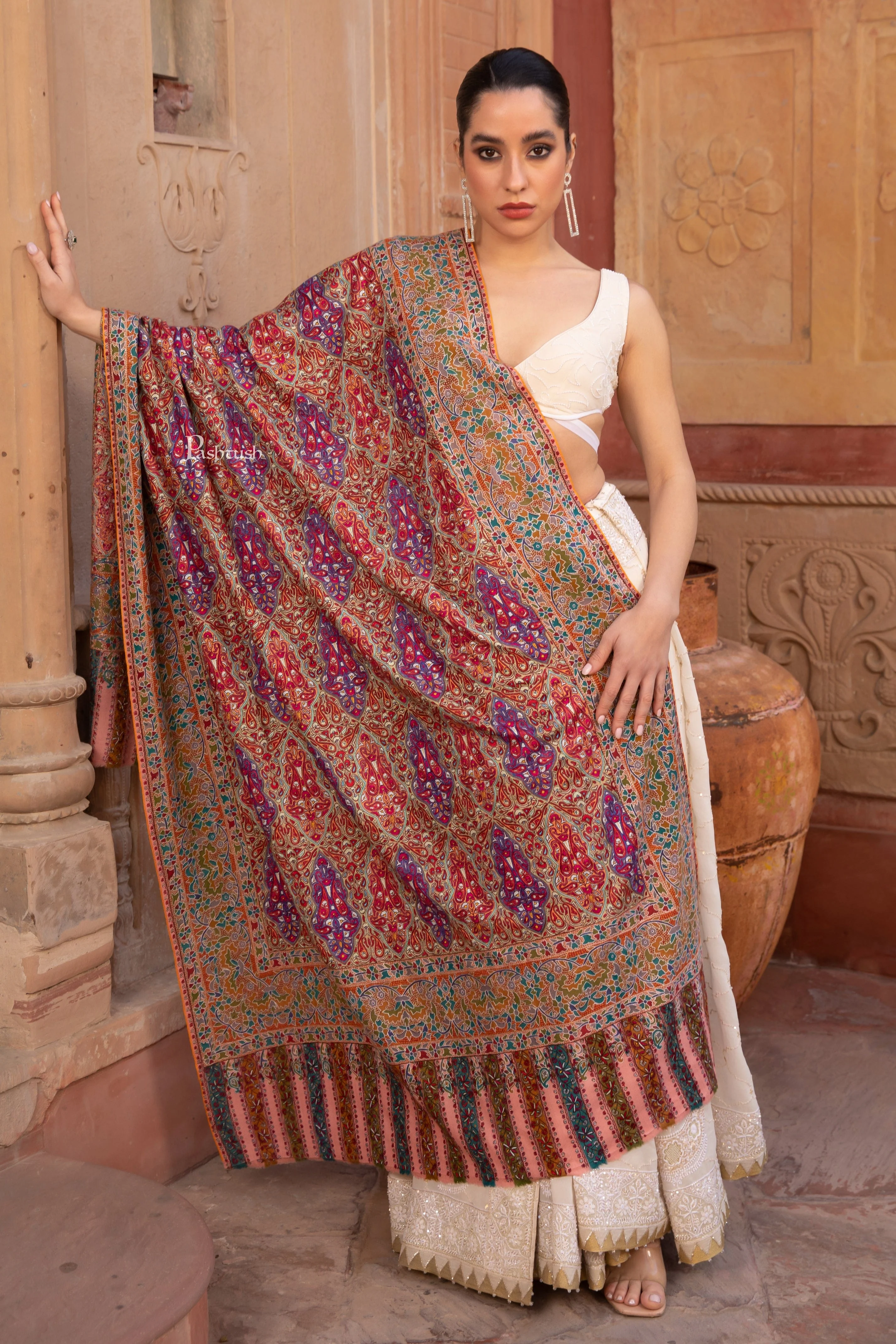 Pashtush Pashmina Shawl , Hand Embroidered Multicoloured Jama Jaal, Handmade Kashmiri Embroidery - Image 7