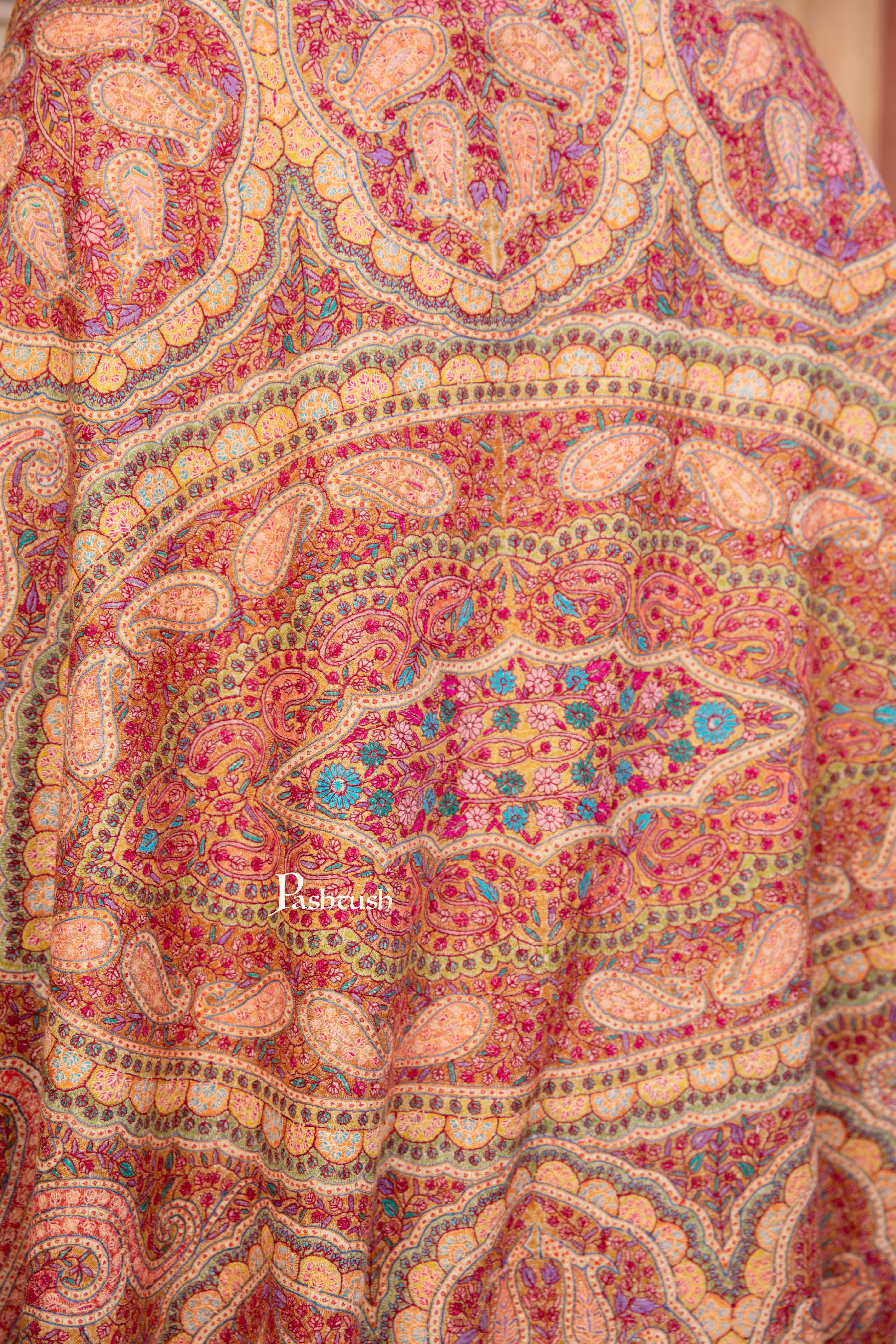 Pashtush Pashmina Shawl, Hand Embroidery Jama, Kashmiri Needlework, handmade, Beige - Image 7