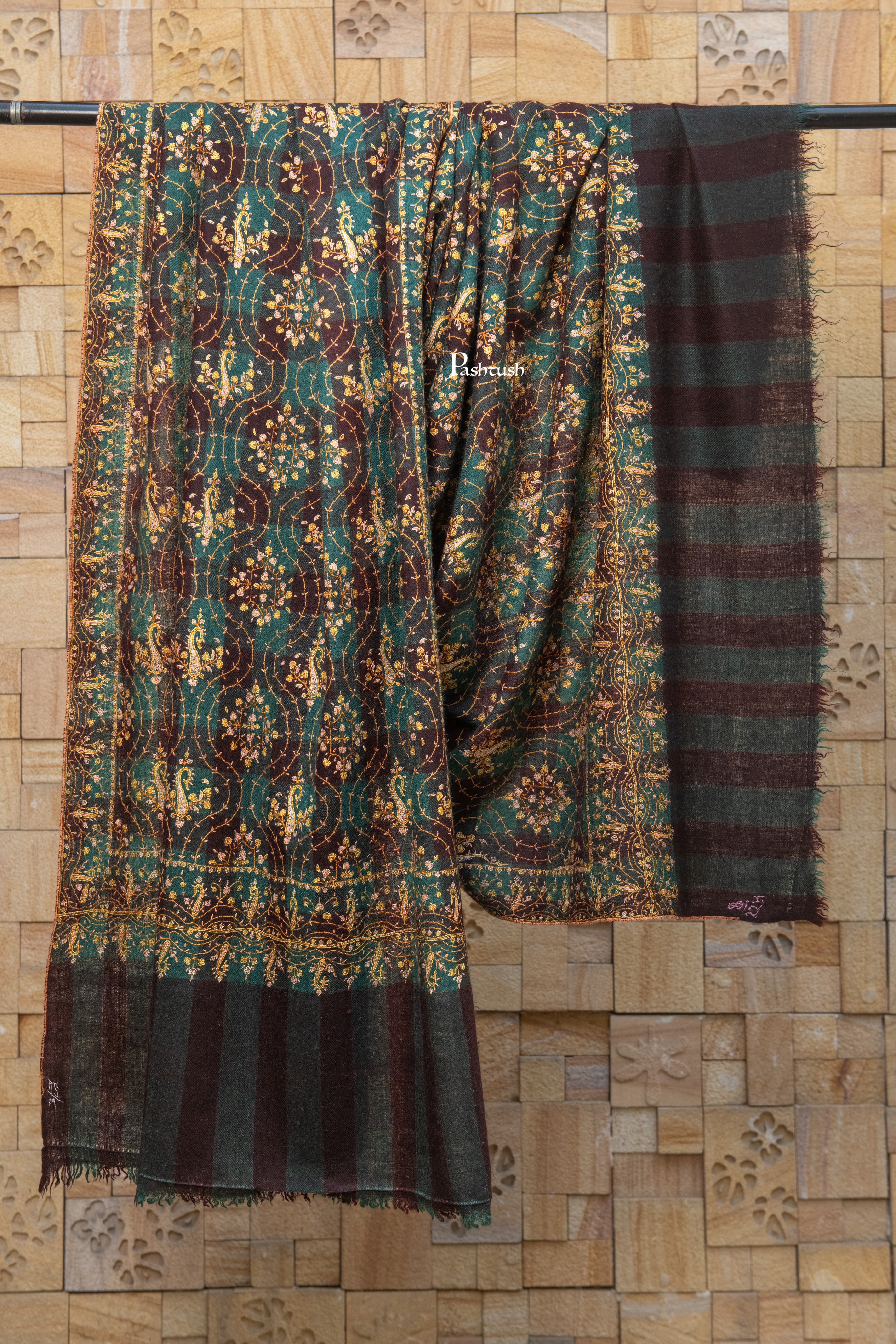 Pashtush  Pure Pashmina Shawl, Sozni Hand Embroidery, Hand Woven Design, Black - Image 8