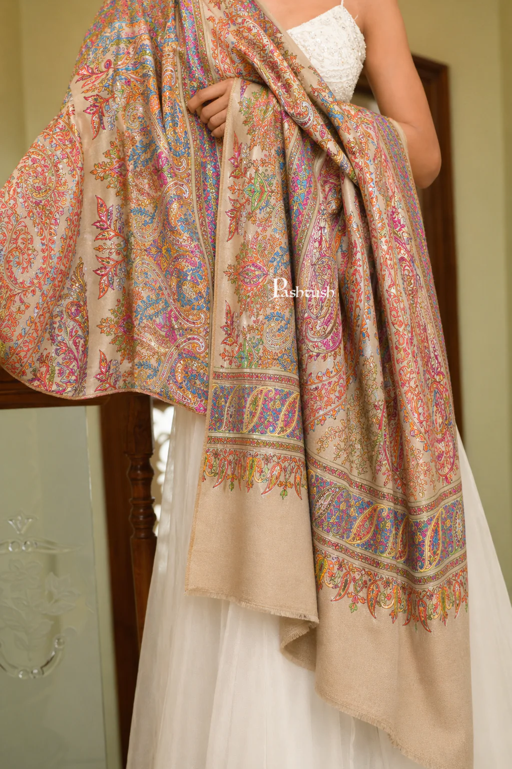 Pashtush  Pure Pashmina Shawl, Sozni Hand Embroidery, Hand Woven Design, Beige - Image 2