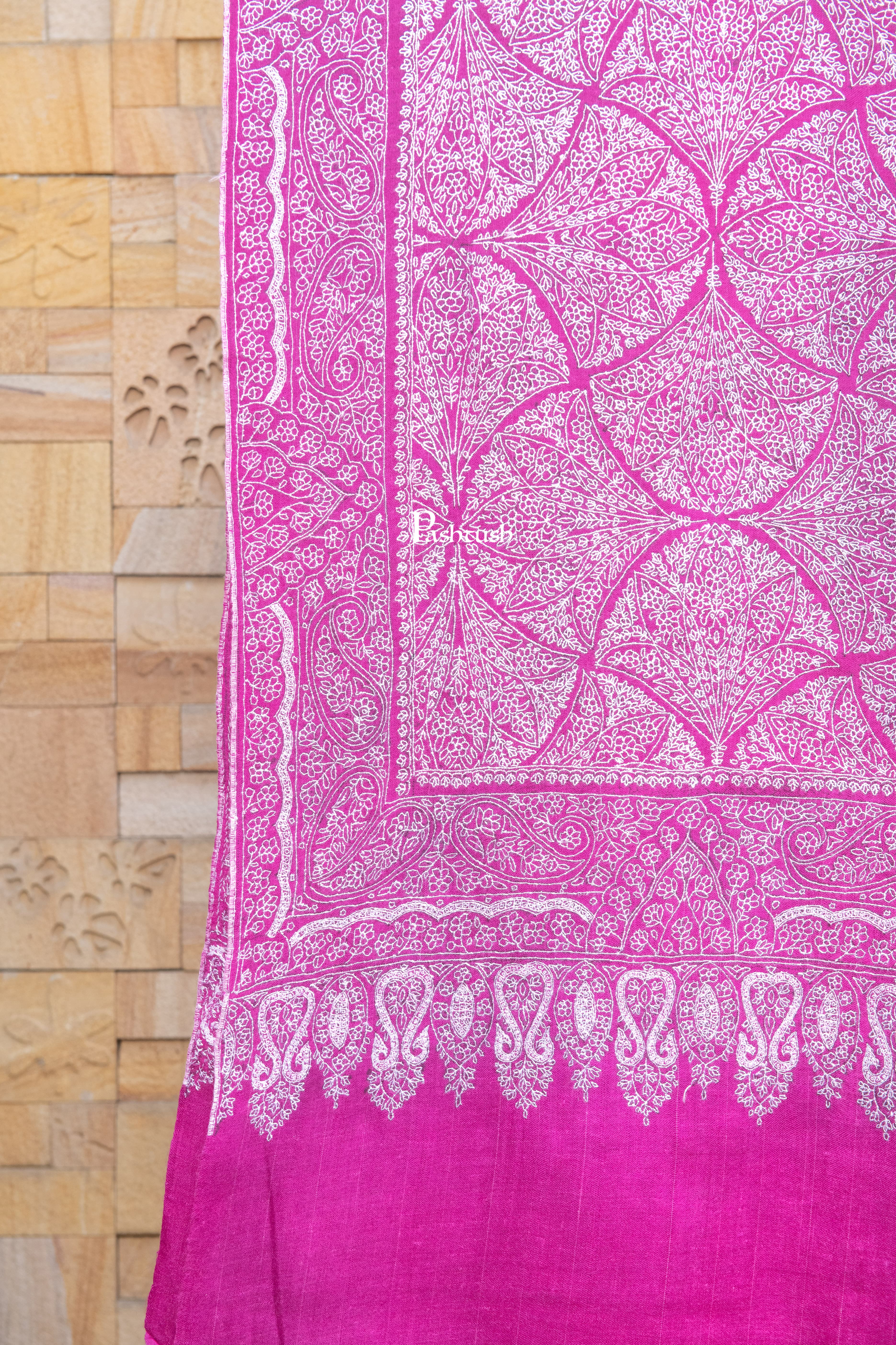 Pashtush  Pure Pashmina Shawl, Sozni Hand Embroidery, Hand Woven, Tonal Design, Magenta - Image 2