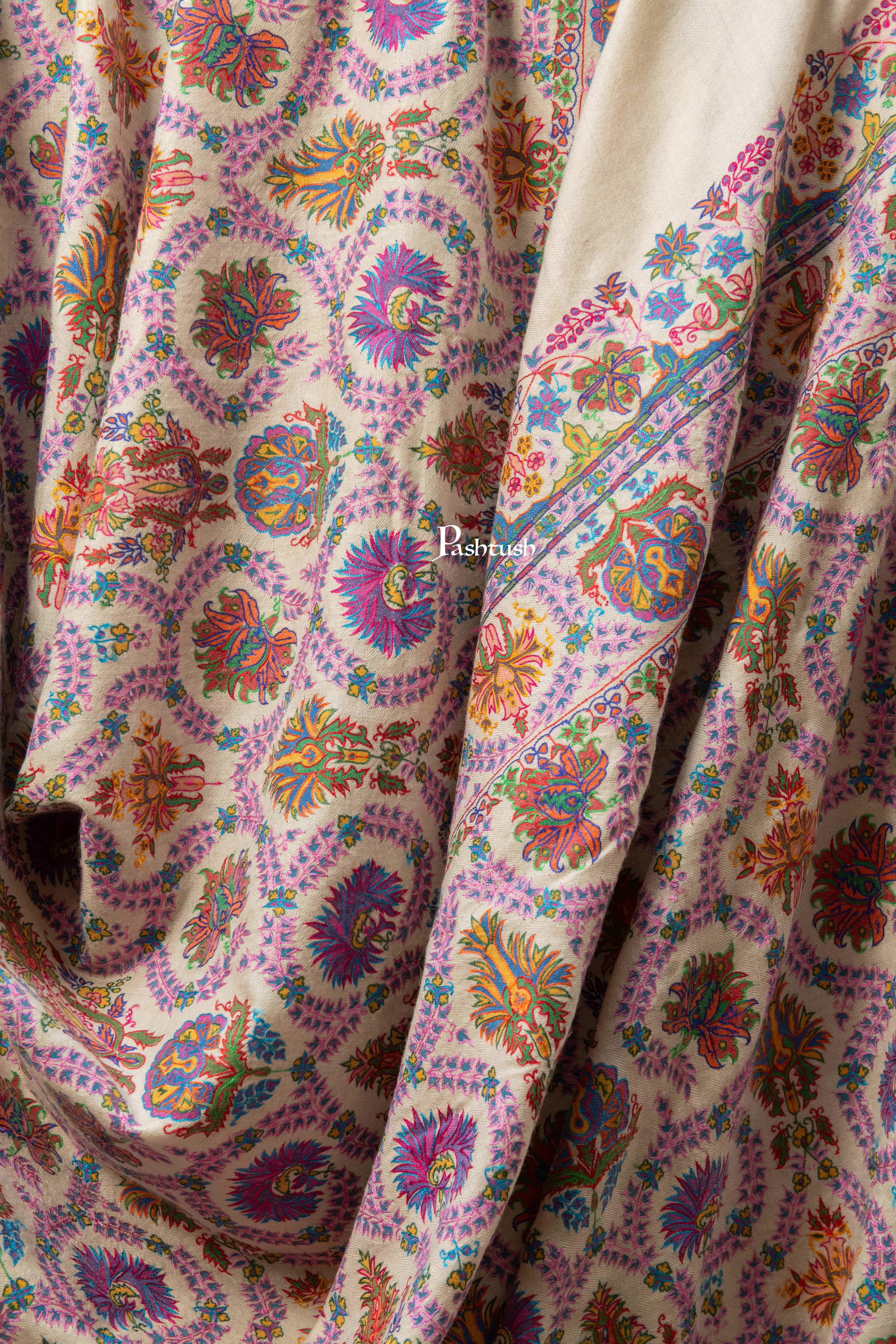 Pashtush Mens Pure Pashmina Shawl, Sozni Hand Embroidery, Hand Woven, Tonal Design, Multicolour With Natural Woven Base - Image 3