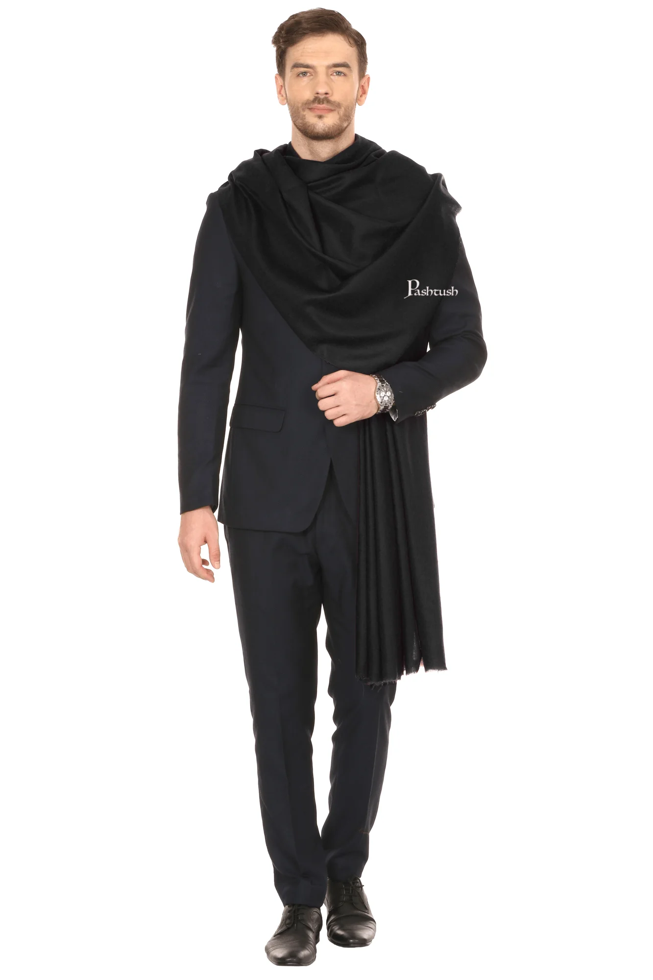 Pashtush Royal And Classy Fine Wool Mens Stole, Black - Image 3