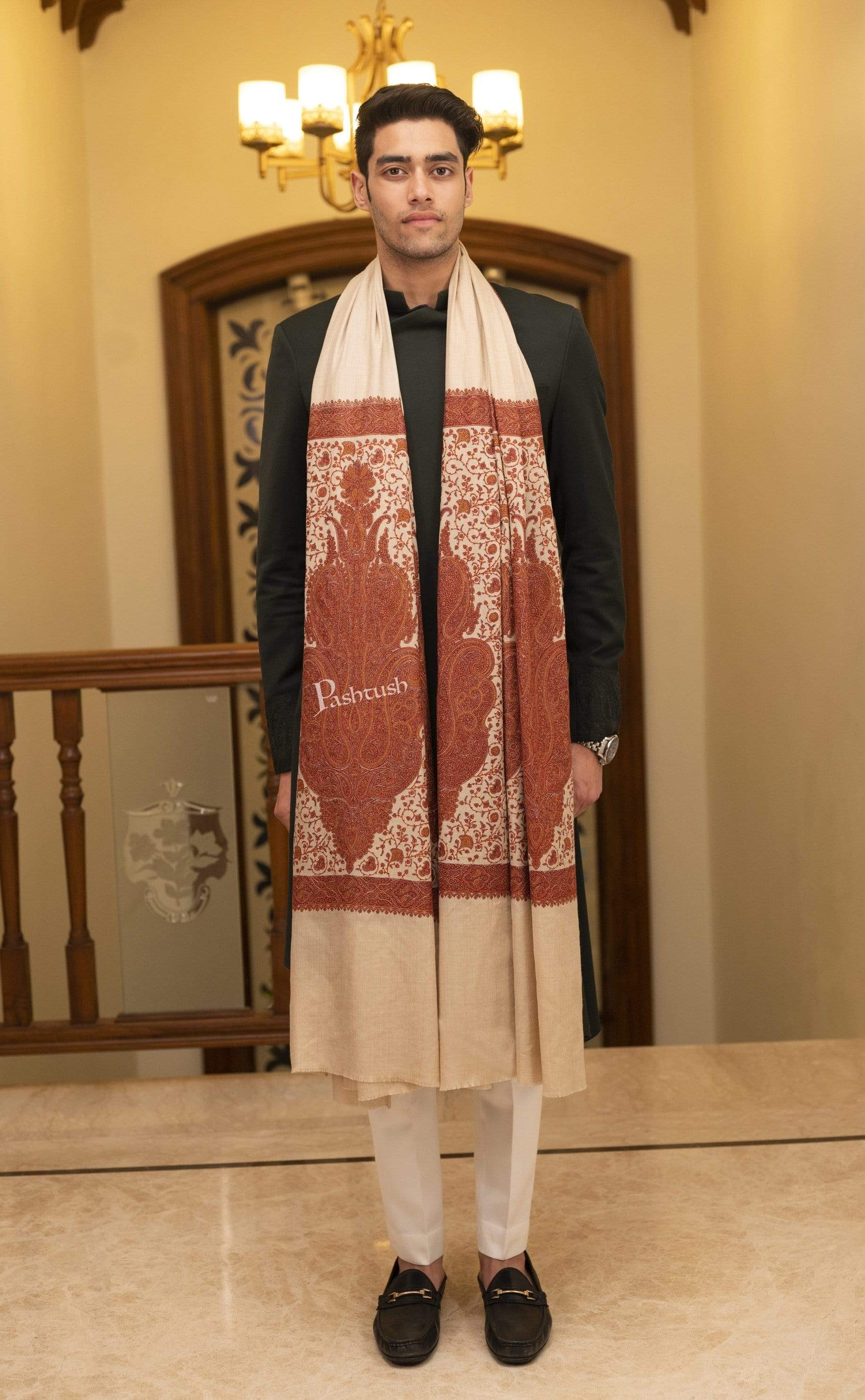 Pashtush Super Fine Embroidery Pure Wool, Ring Shawl, Full Size - Taupe - Image 8