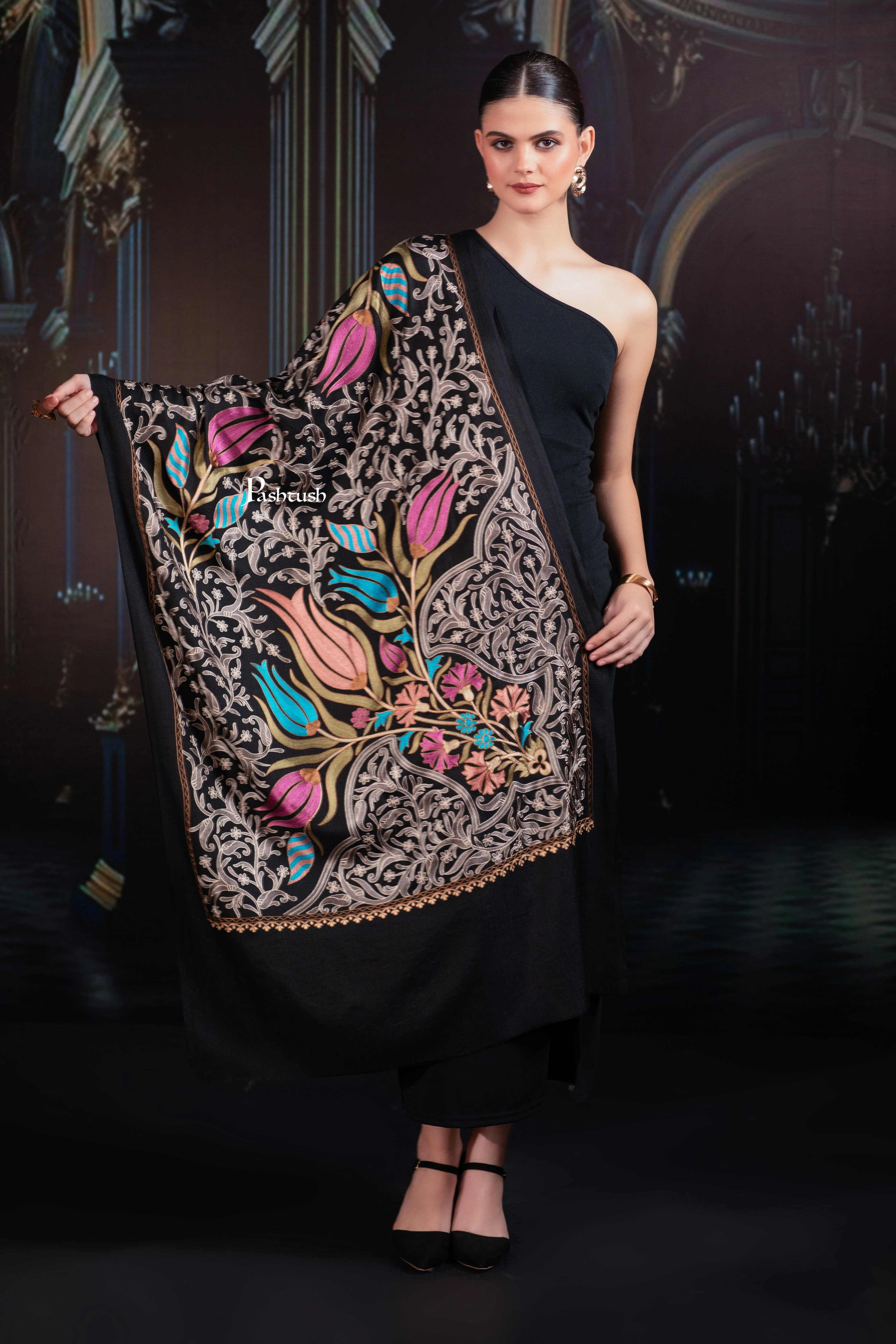 Pashtush Tres Chic Regal Collection, Floral Embroidery, Extra Soft Fine Wool Stole, Scarf, Rich Black - Image 6