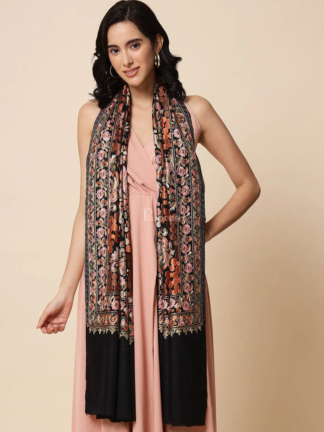 Pashtush Tres Chic Regal Collection, Soft Wool Embroidery Nalki Scarf, Scallop Black - Image 3