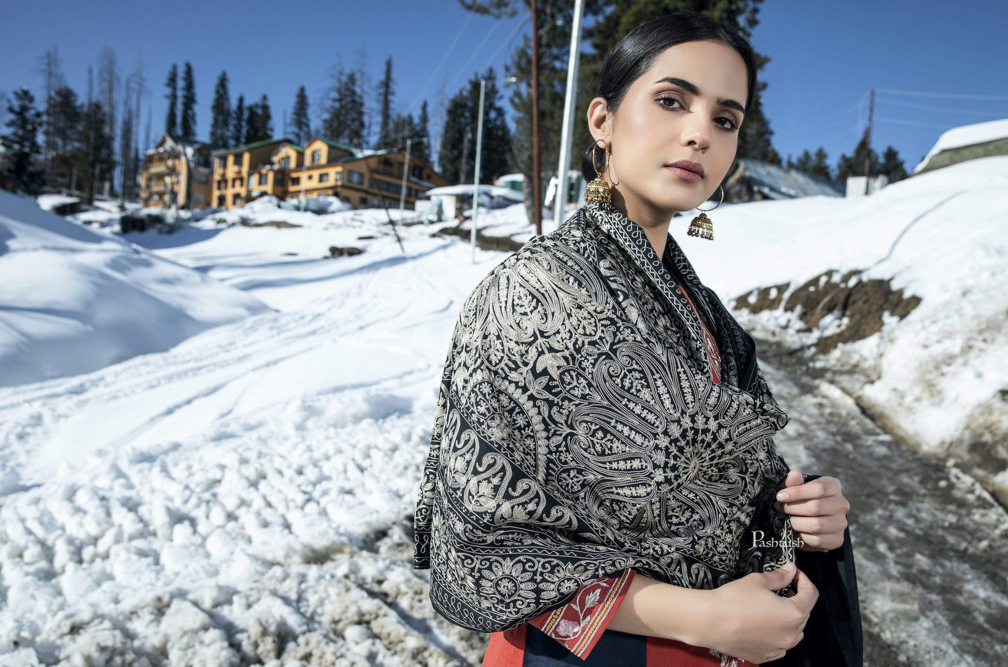 Pashtush Tres Chic Regal Collection, Soft Wool Embroidery Nalki Shawl Scarf, Black - Image 6