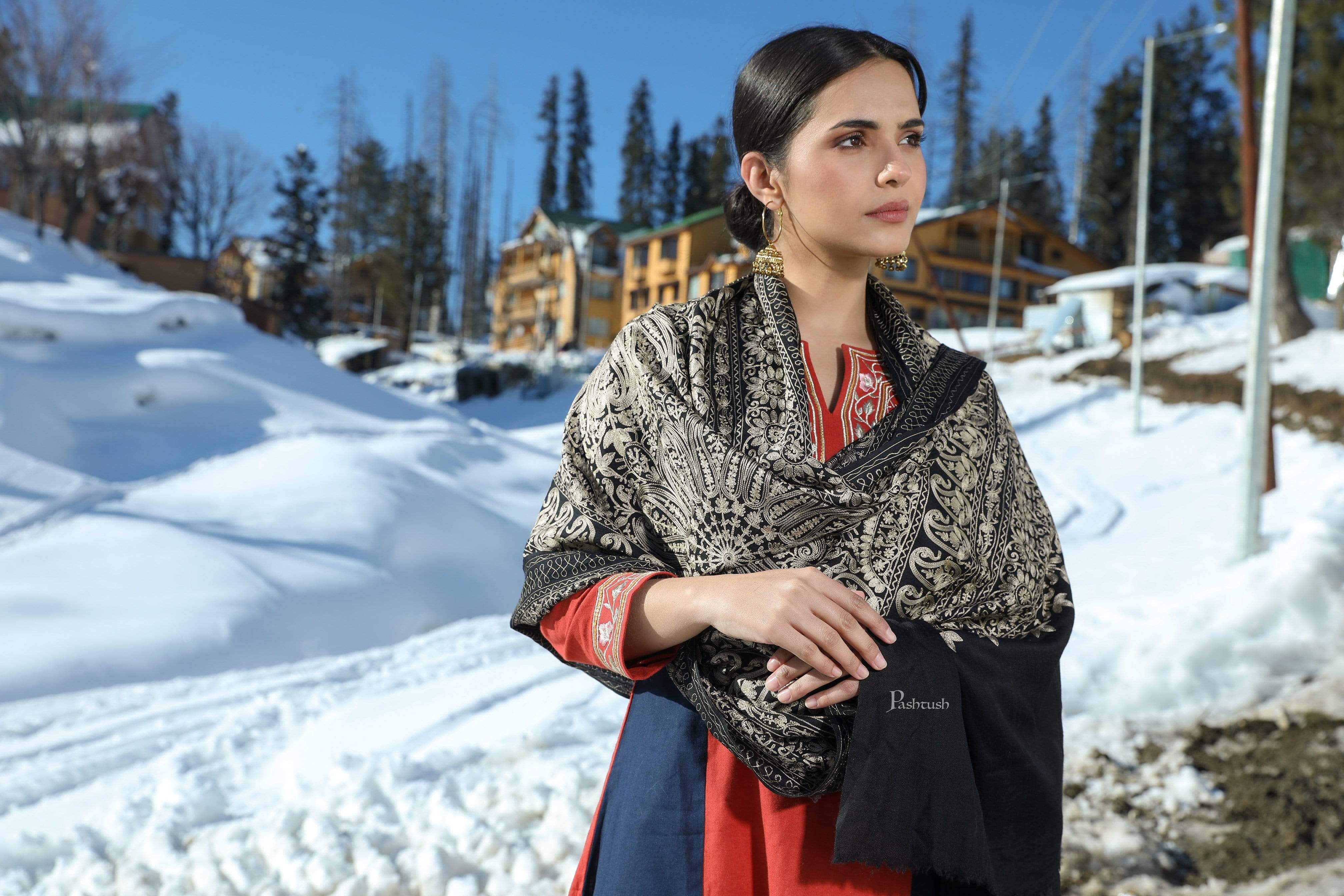 Pashtush Tres Chic Regal Collection, Soft Wool Embroidery Nalki Shawl Scarf, Black - Image 9