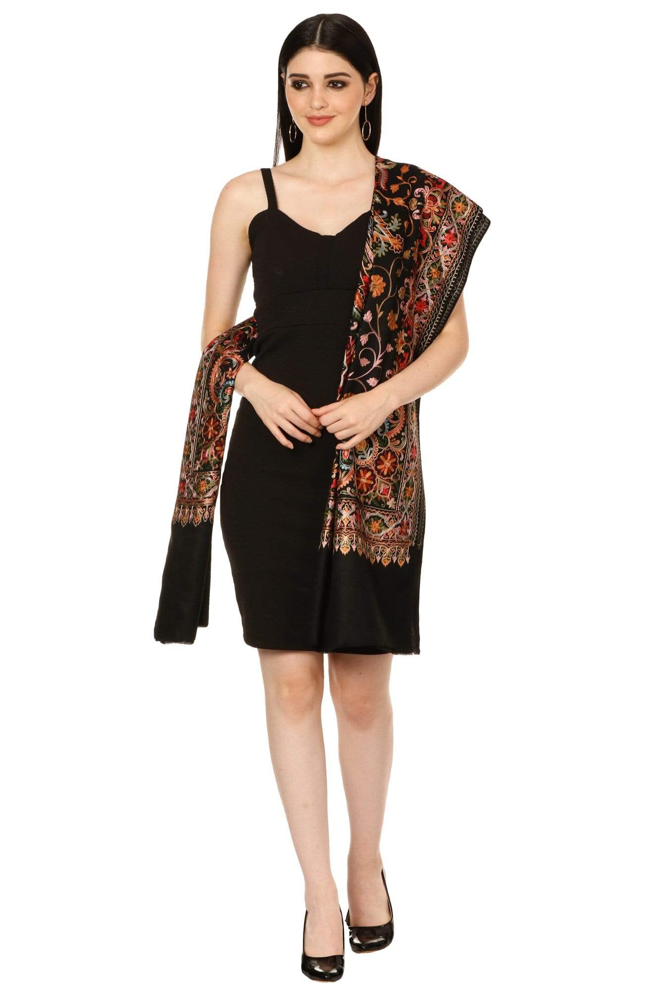 Pashtush Tres Chic Regal Collection, Wool Embroidery Nalki Scarf, Rich Black - Image 10
