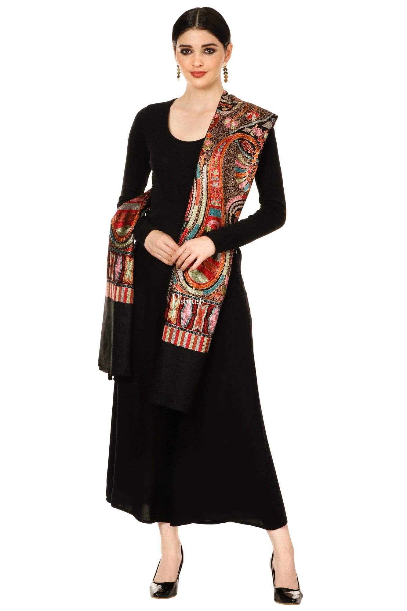Pashtush Tres Chic Regal Collection, Wool Embroidery Nalki Shawl Scarf, Rich Black - Image 6
