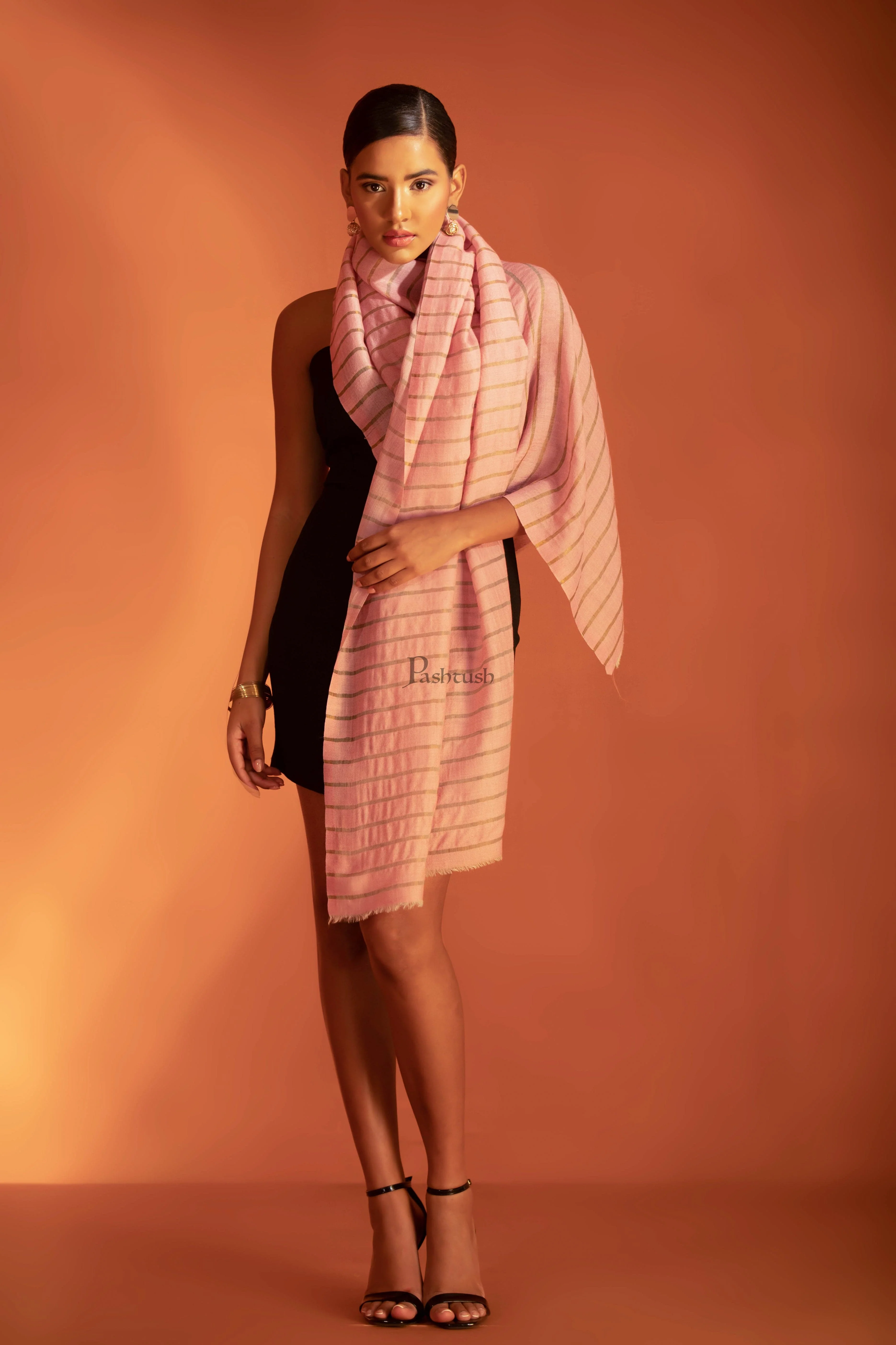 Pashtush Twilight Stole, With Woven Metallic Thread, Silk Wool, Gold and Soft Pink - Image 4