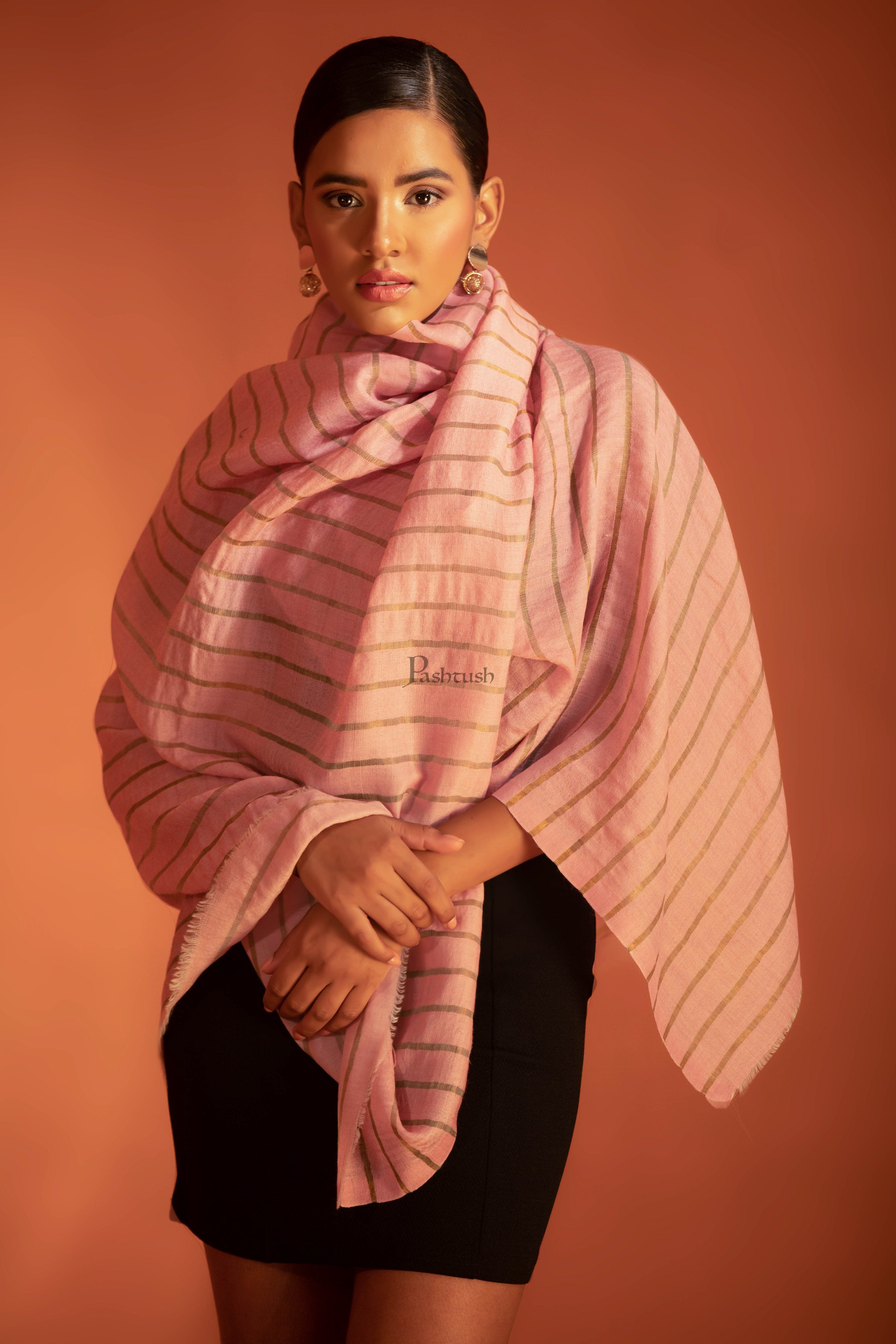 Pashtush Twilight Stole, With Woven Metallic Thread, Silk Wool, Gold and Soft Pink - Image 5