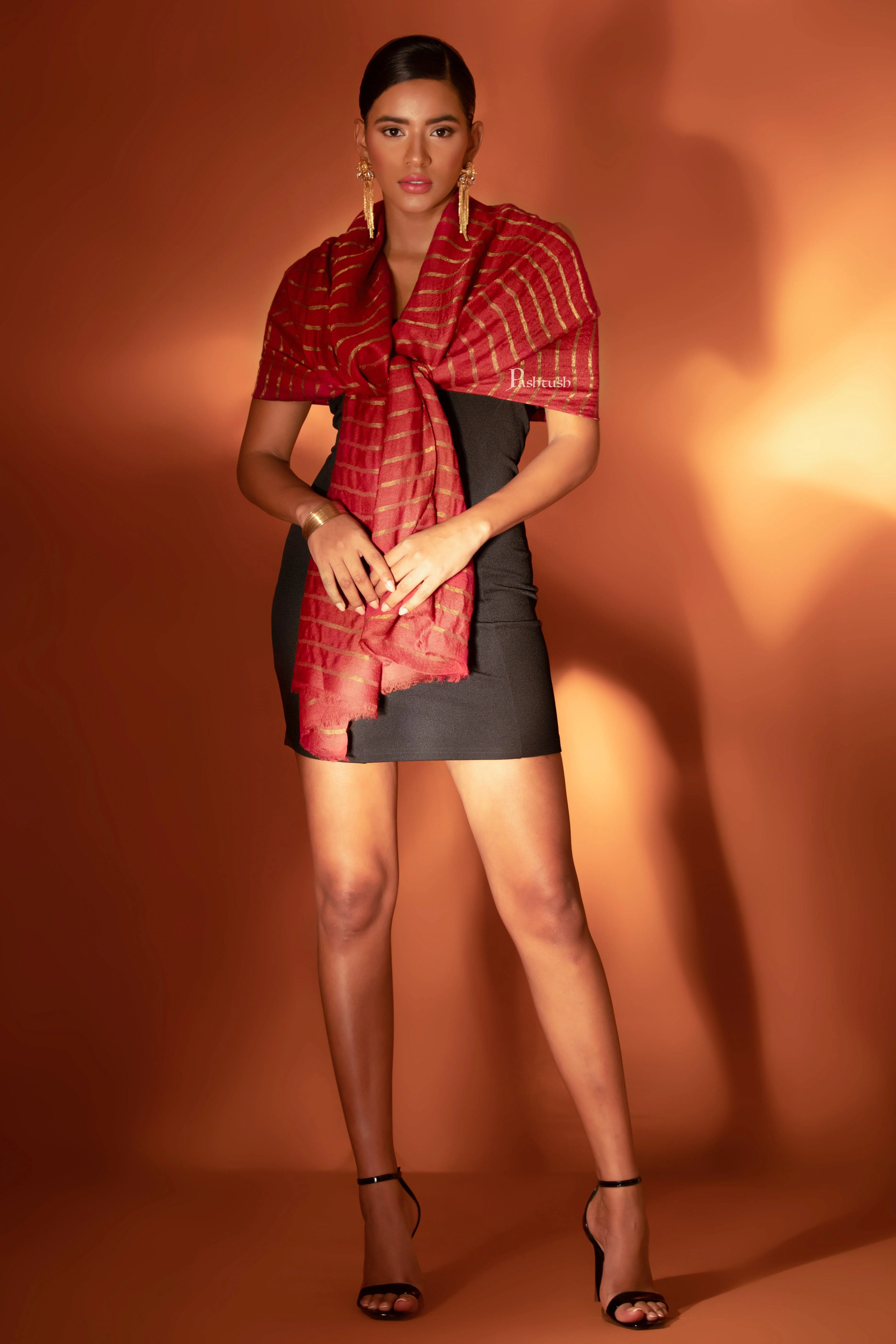 Pashtush Twilight Stole, With Woven Metallic Thread, Silk Wool, Scarlet Red - Image 3