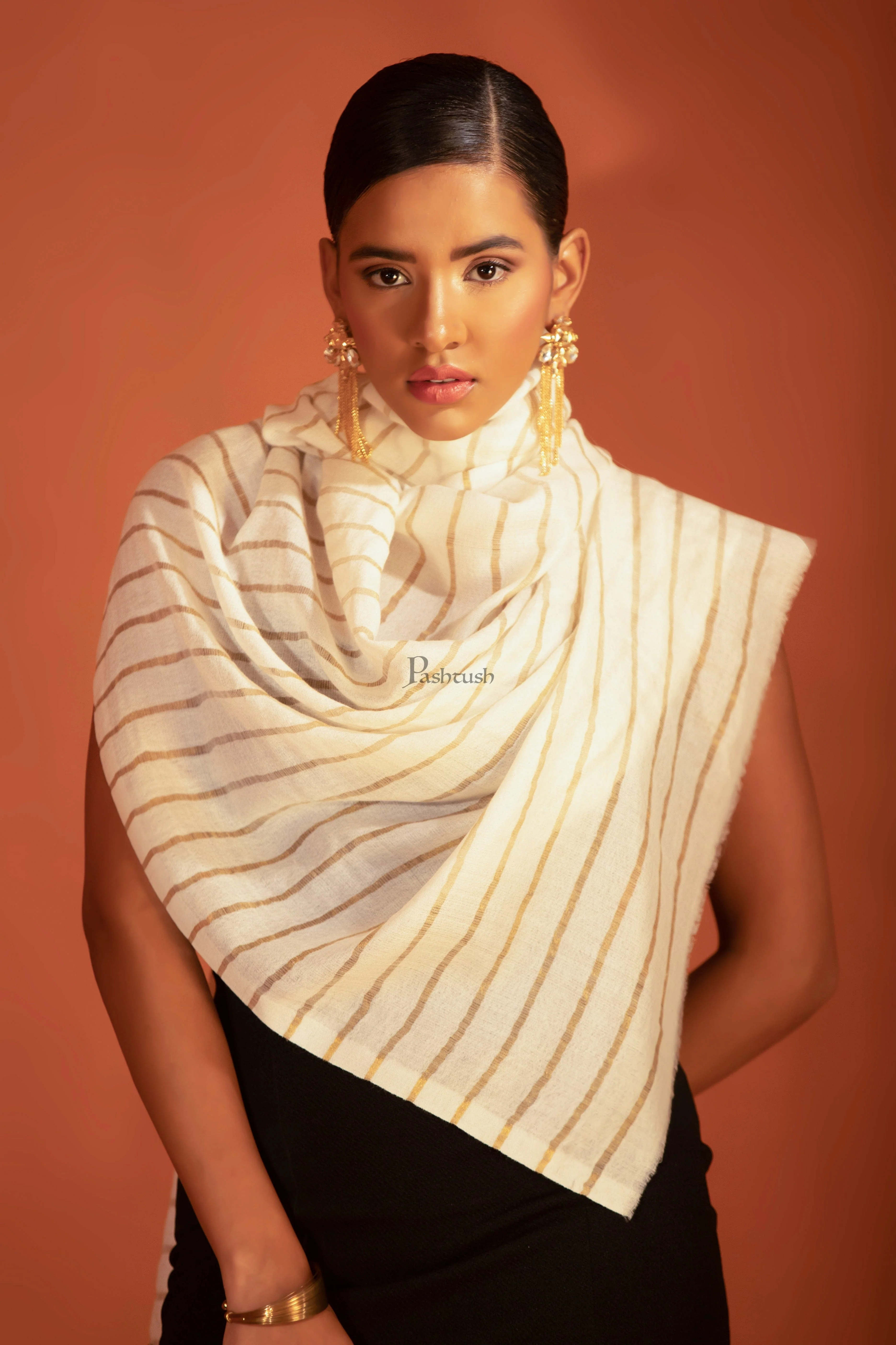 Pashtush Twilight Stole, With Woven Metallic Thread, Silk Wool, Striped Gold and Ivory - Image 4