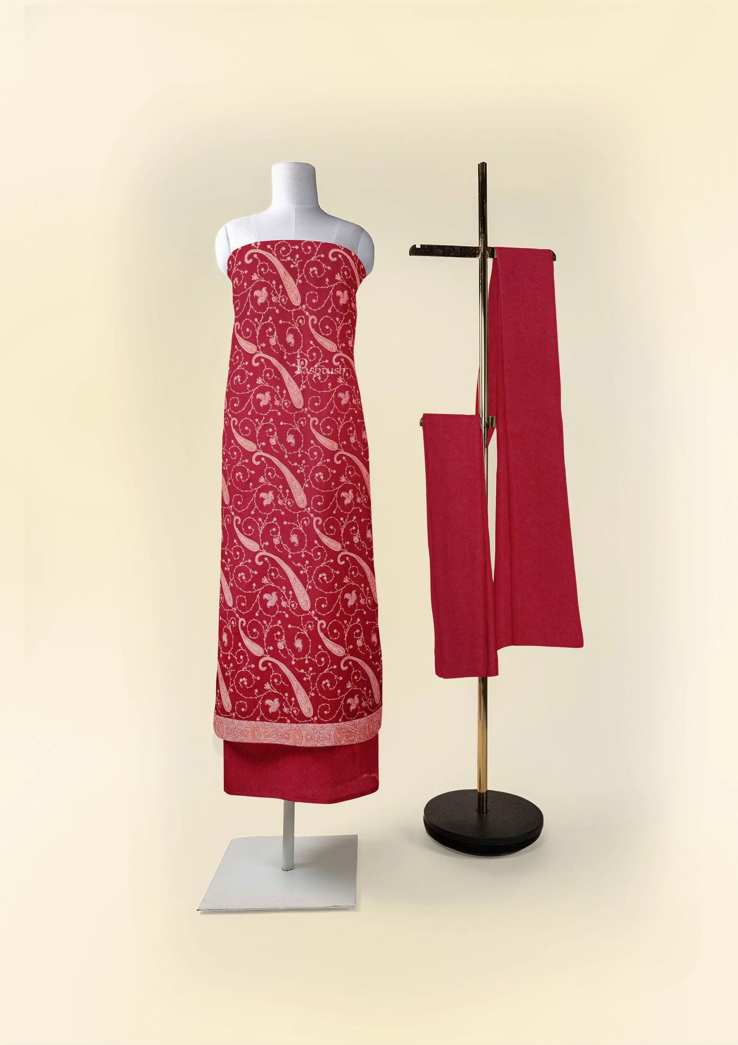 Pashtush Unstitched Kashmiri Embroidery Suit with shawl, Fine Wool, Soft and Warm, Maroon - Image 3