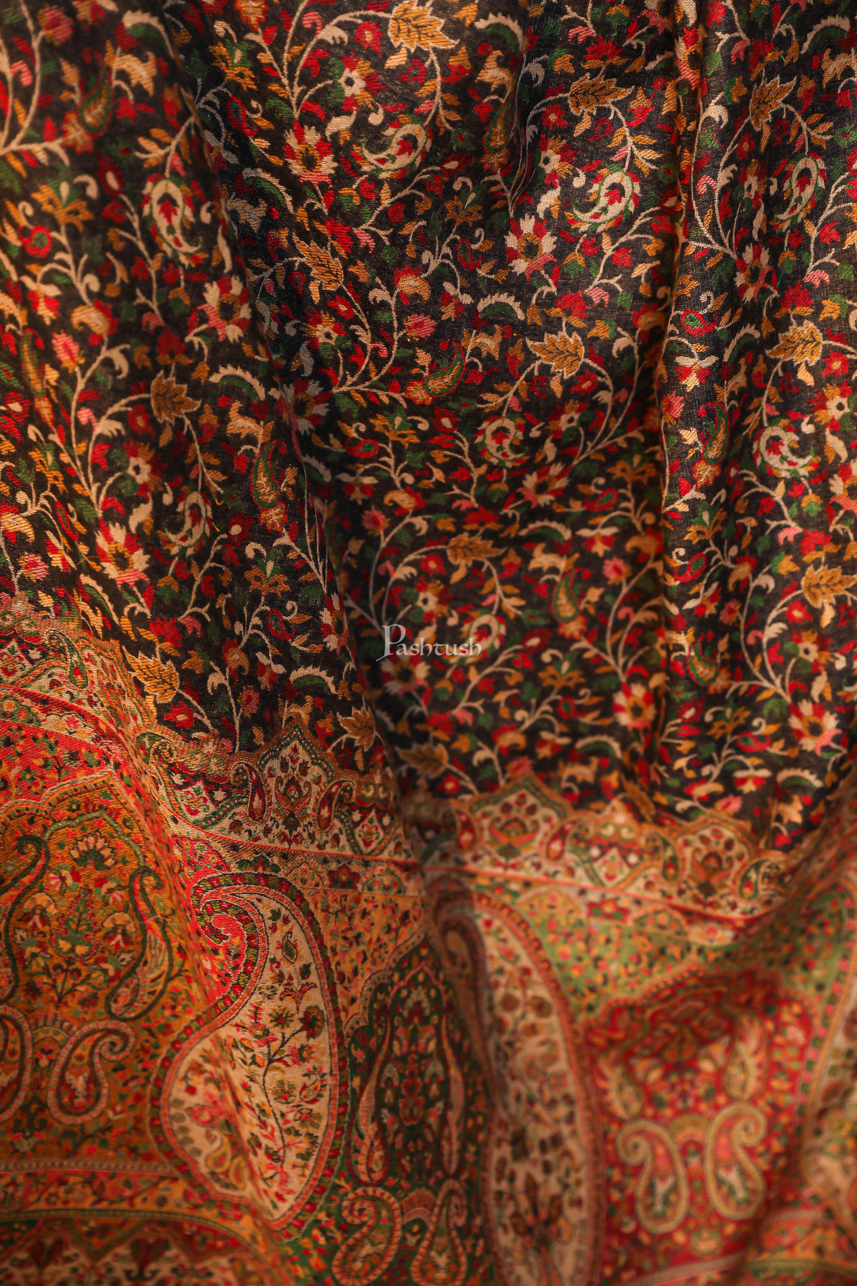 Pashtush women faux pashmina shawl, ethnic weave design, black - Image 2