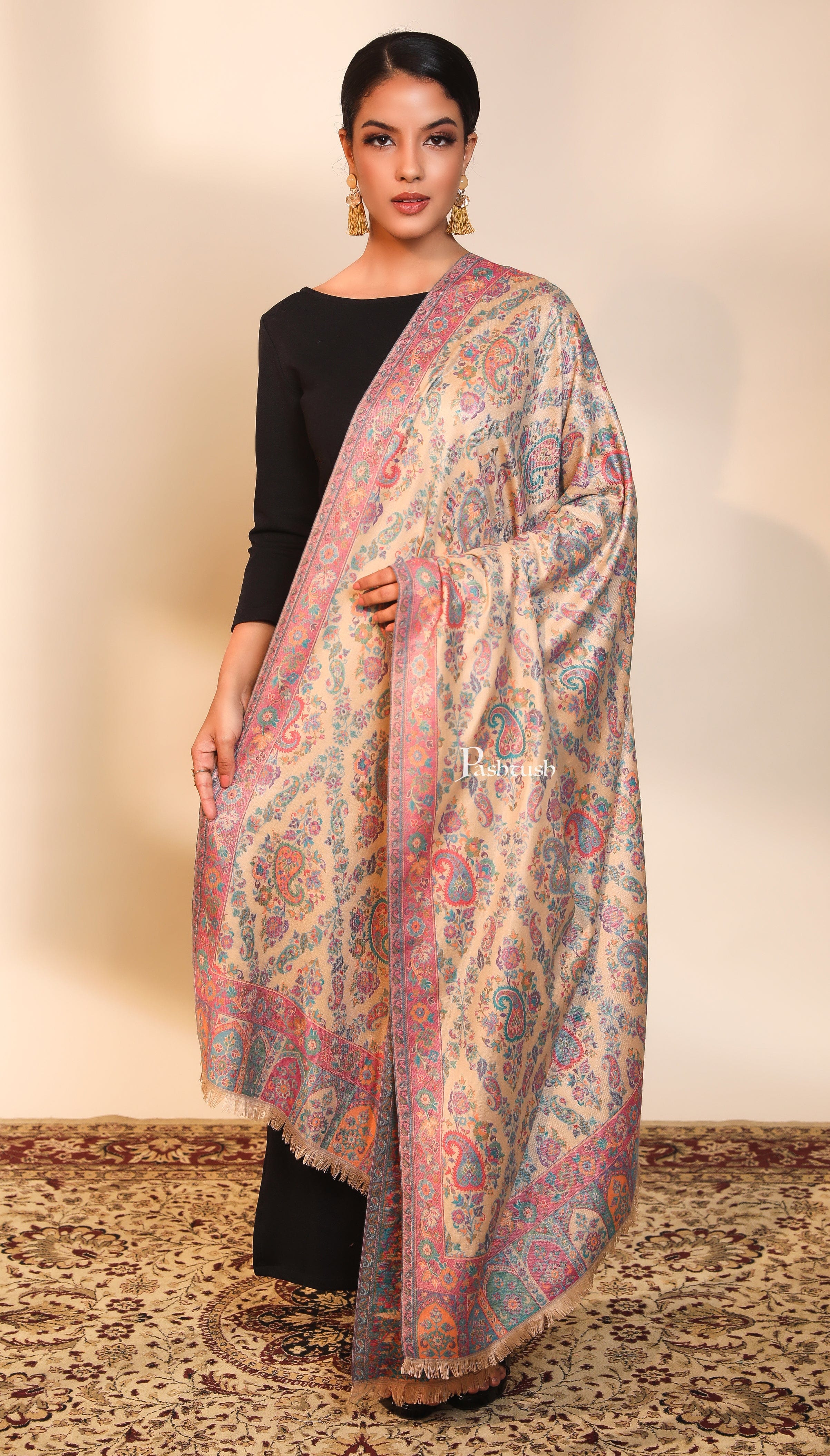 Pashtush women faux pashmina shawl, ethnic weave design, multi color - Image 4