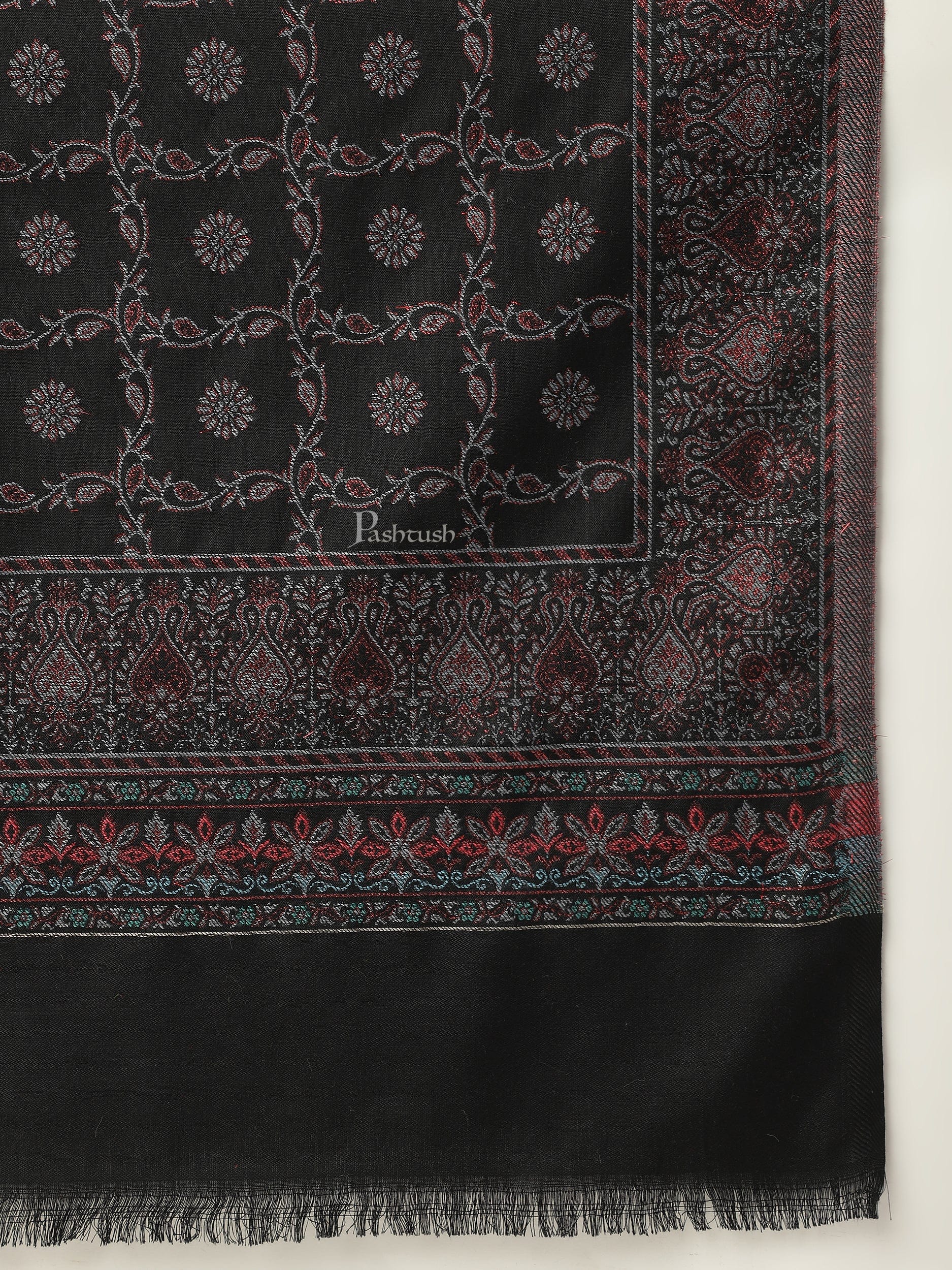 Pashtush women Faux Pashmina stole, paisley weave with zari design, Black - Image 6