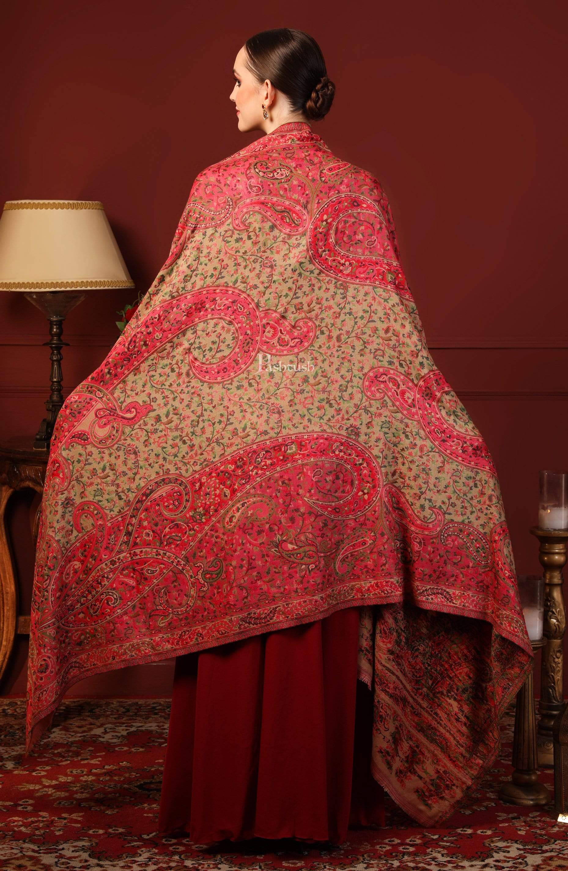 Pashtush Women Ethnic Weave Shawl, Rich Garden, Pink And Beige - Image 3