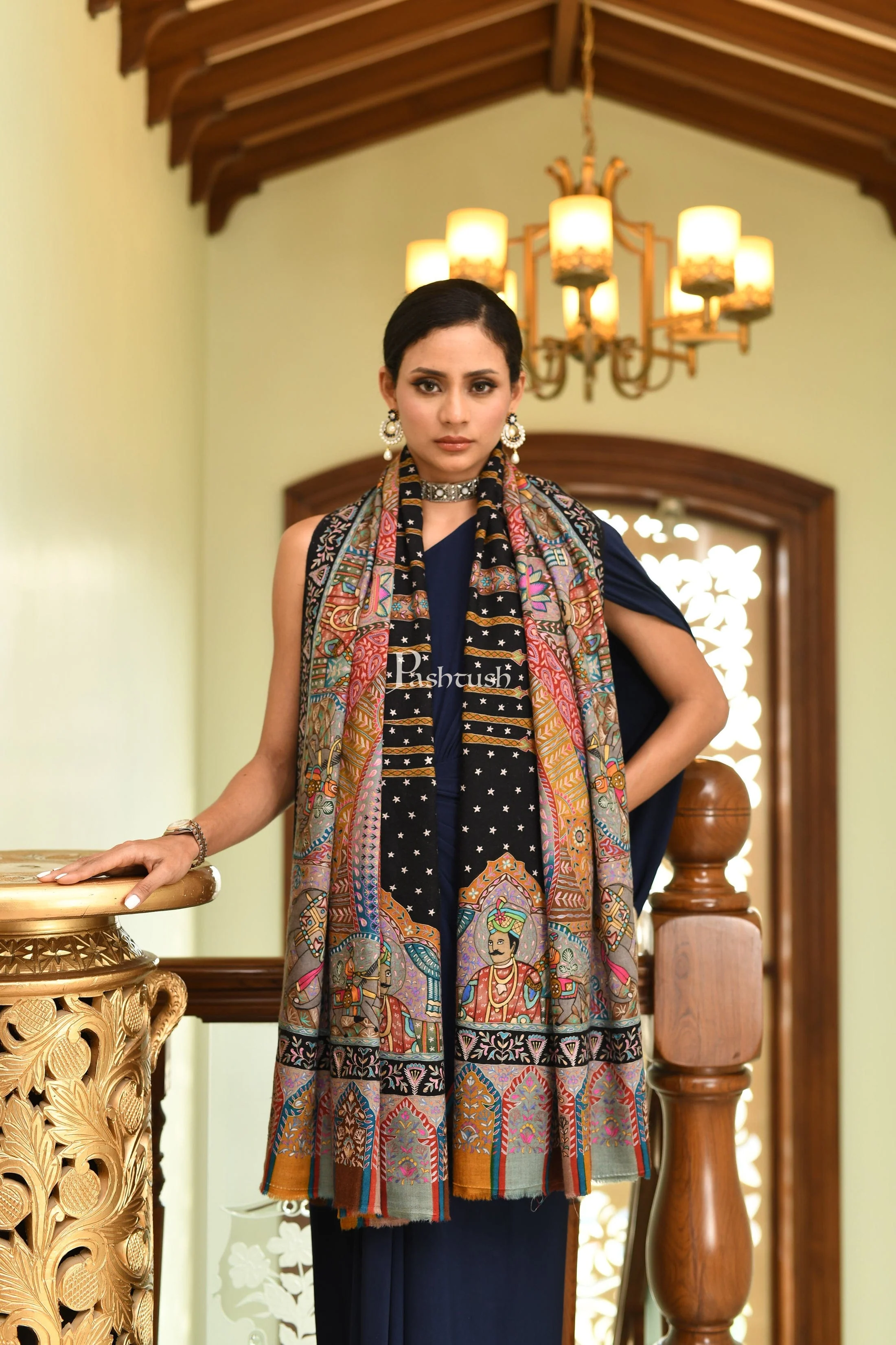 Pashtush Women Pashmina Hand Embroidered, Hand Painted, Royal Darbar Shawl - Image 4